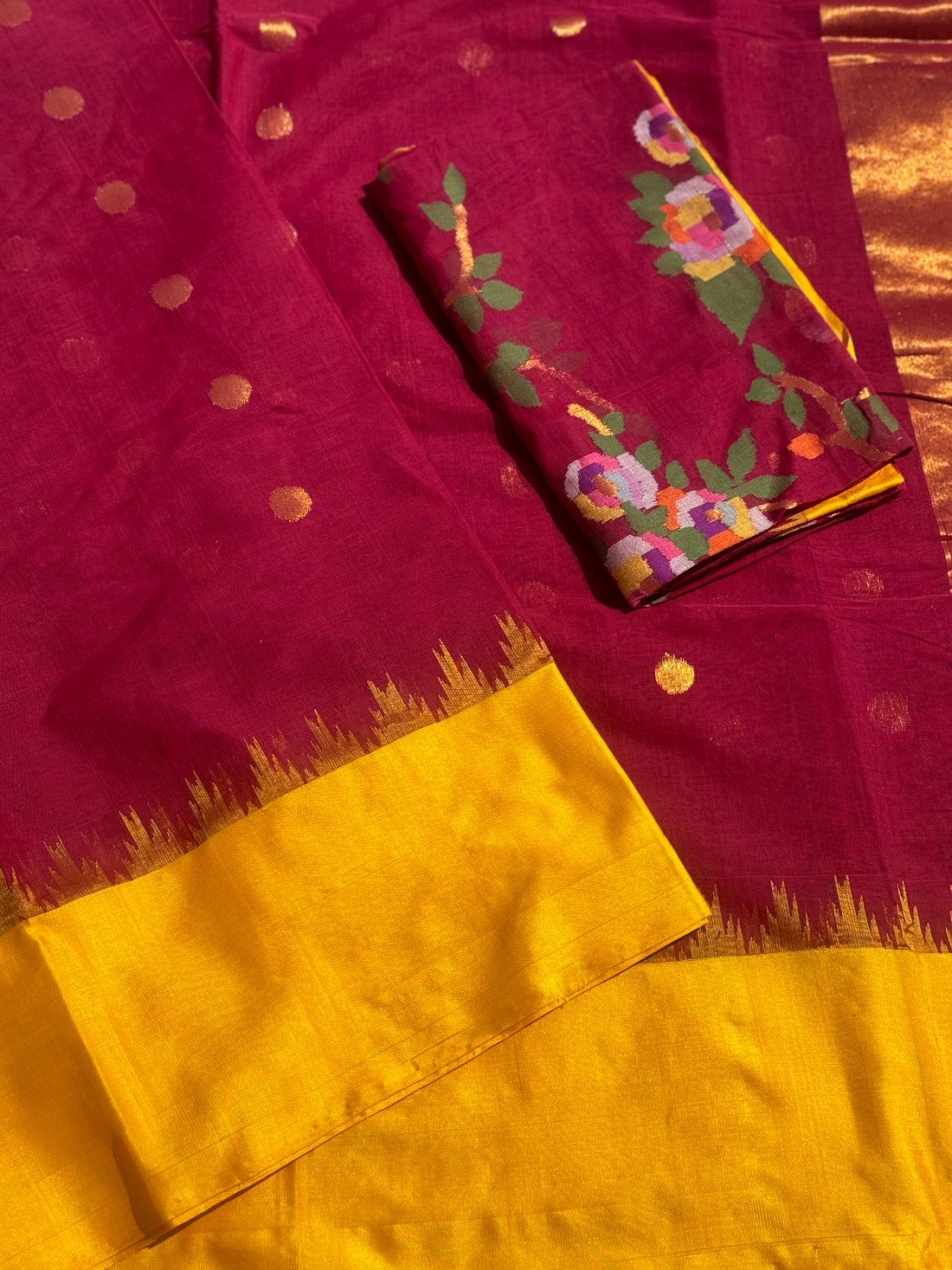 Ponduru Khadhi peachish pink with yellow saree with all over jaal weave on blouse