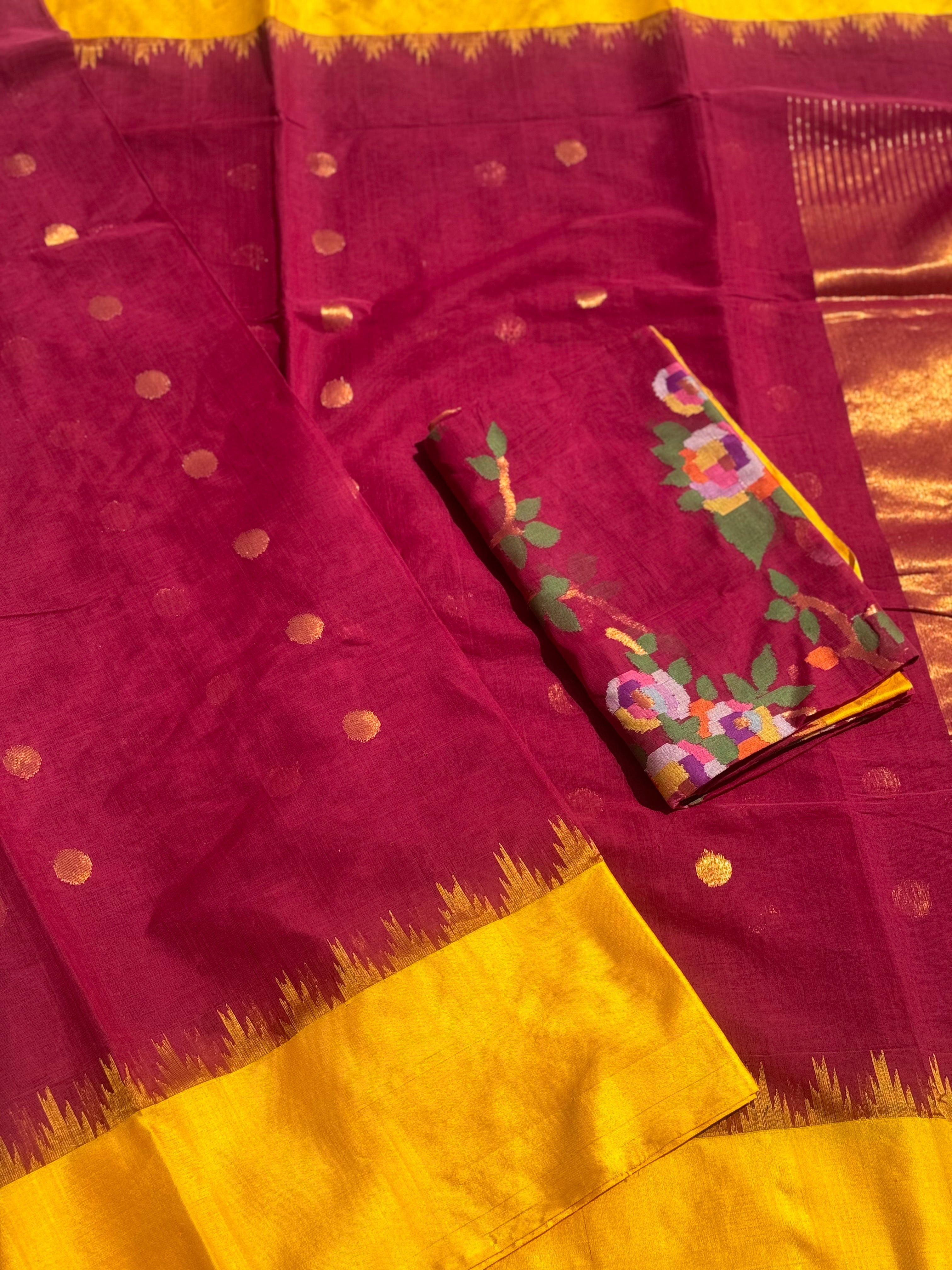 Ponduru Khadhi peachish pink with yellow saree with all over jaal weave on blouse