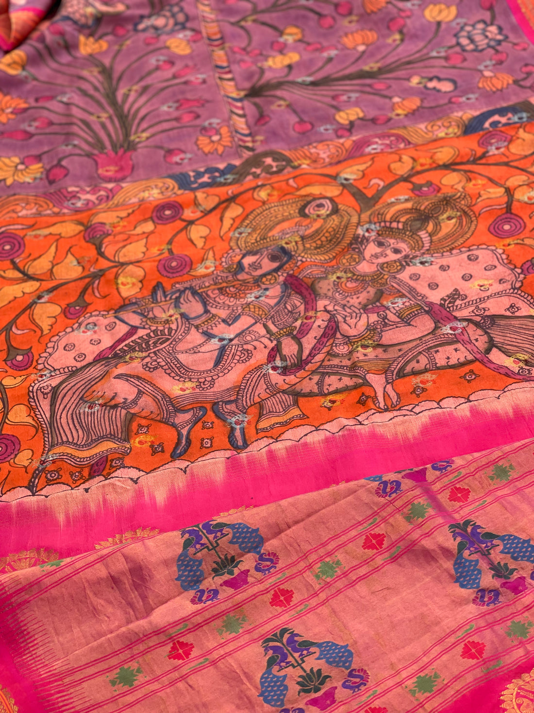 Penkalamkari Floral Handdrawn and handpainted On Paithani Silk Saree