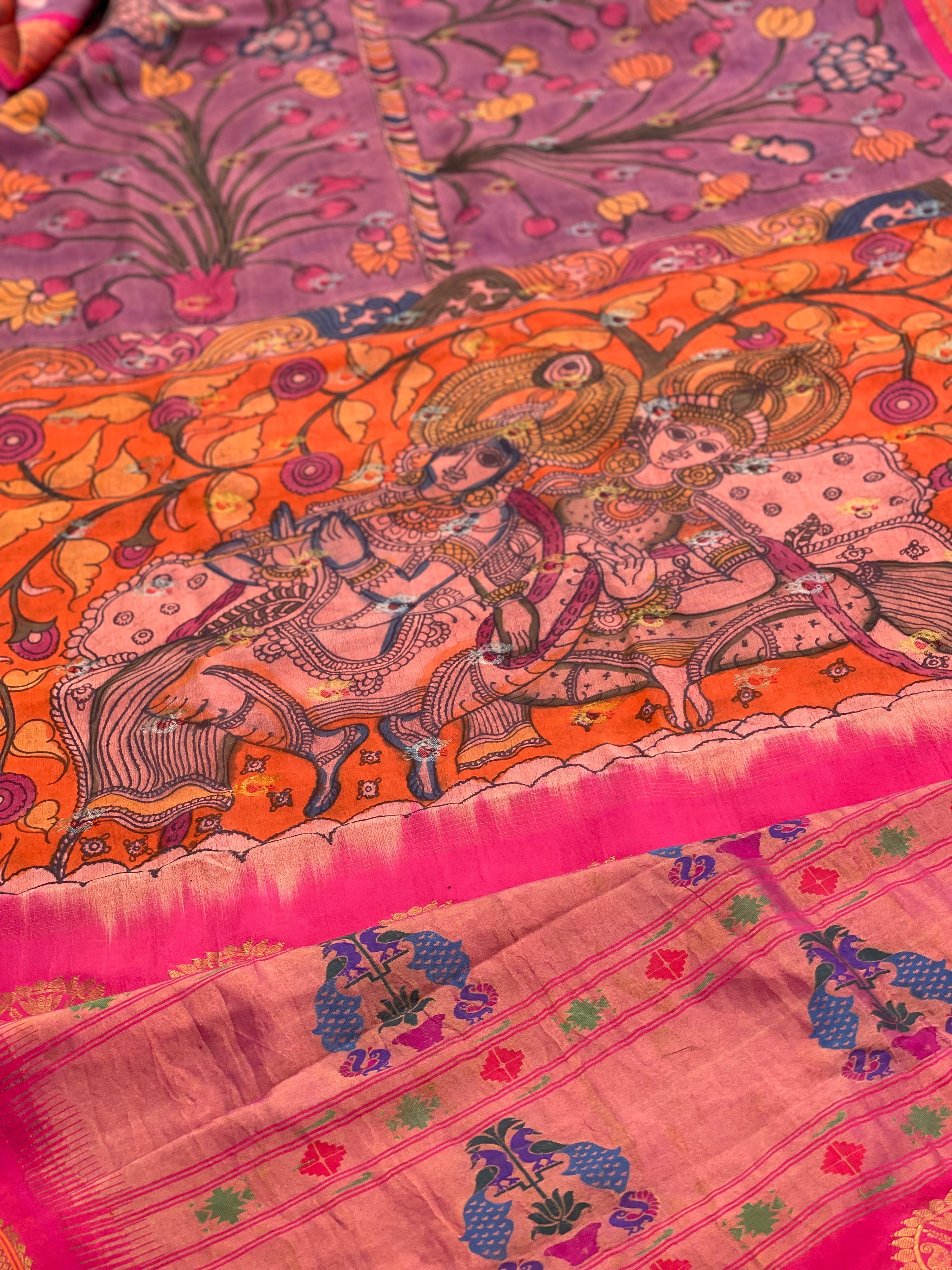 Penkalamkari Floral Handdrawn and handpainted On Paithani Silk Saree