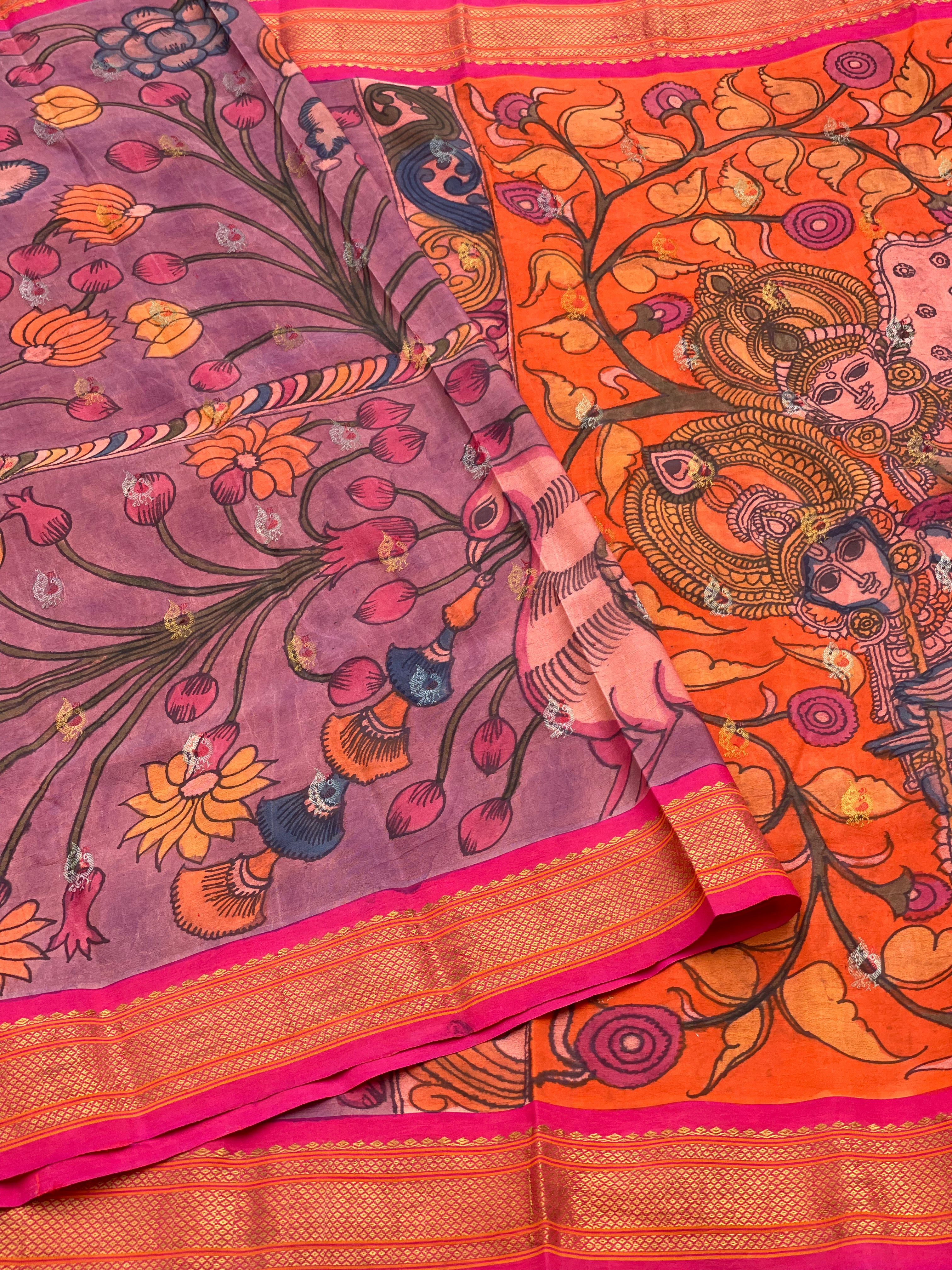 Penkalamkari Floral Handdrawn and handpainted On Paithani Silk Saree