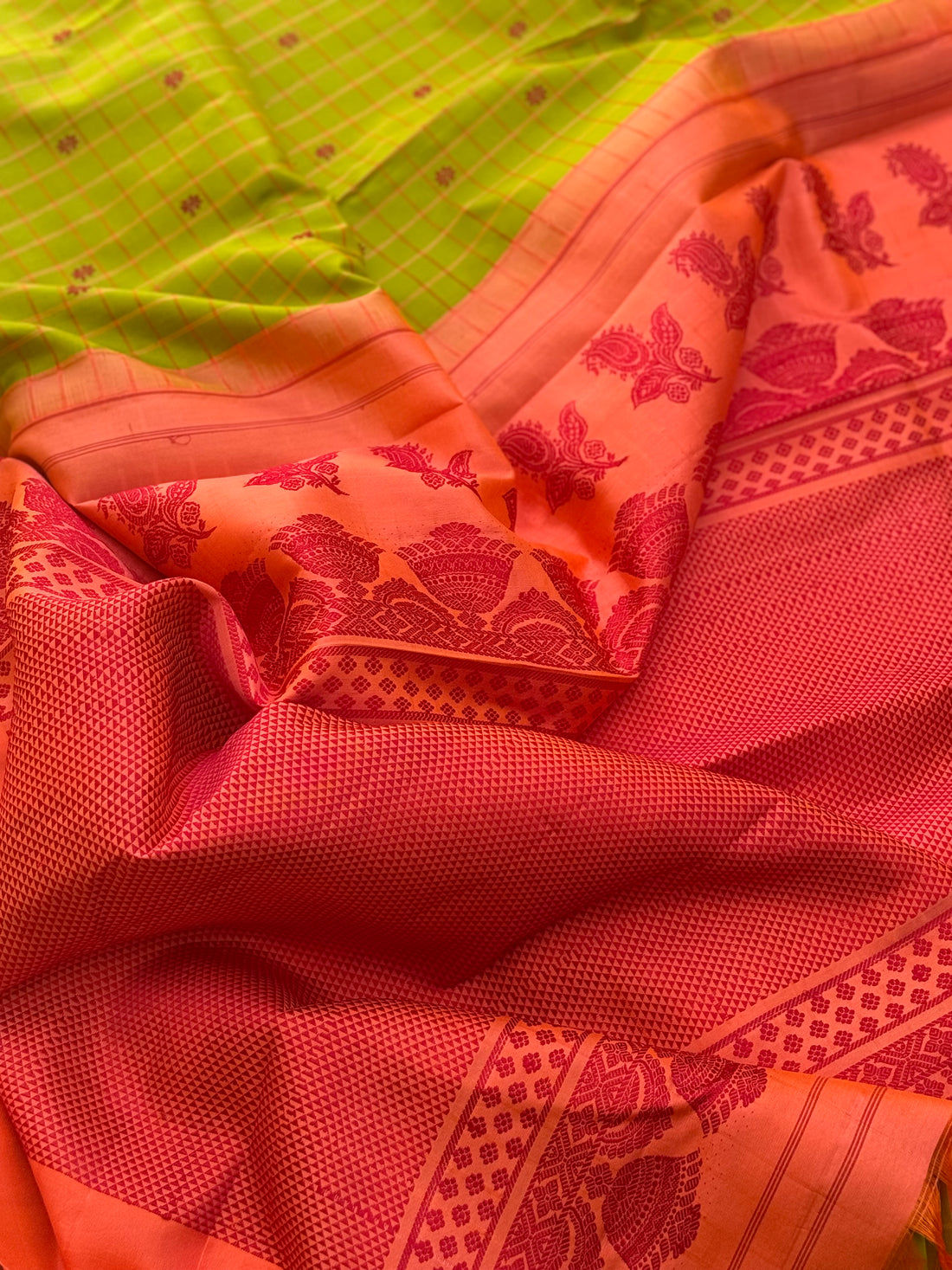 PastelOrange with fern green Gadwal silk saree with complete threadwork
