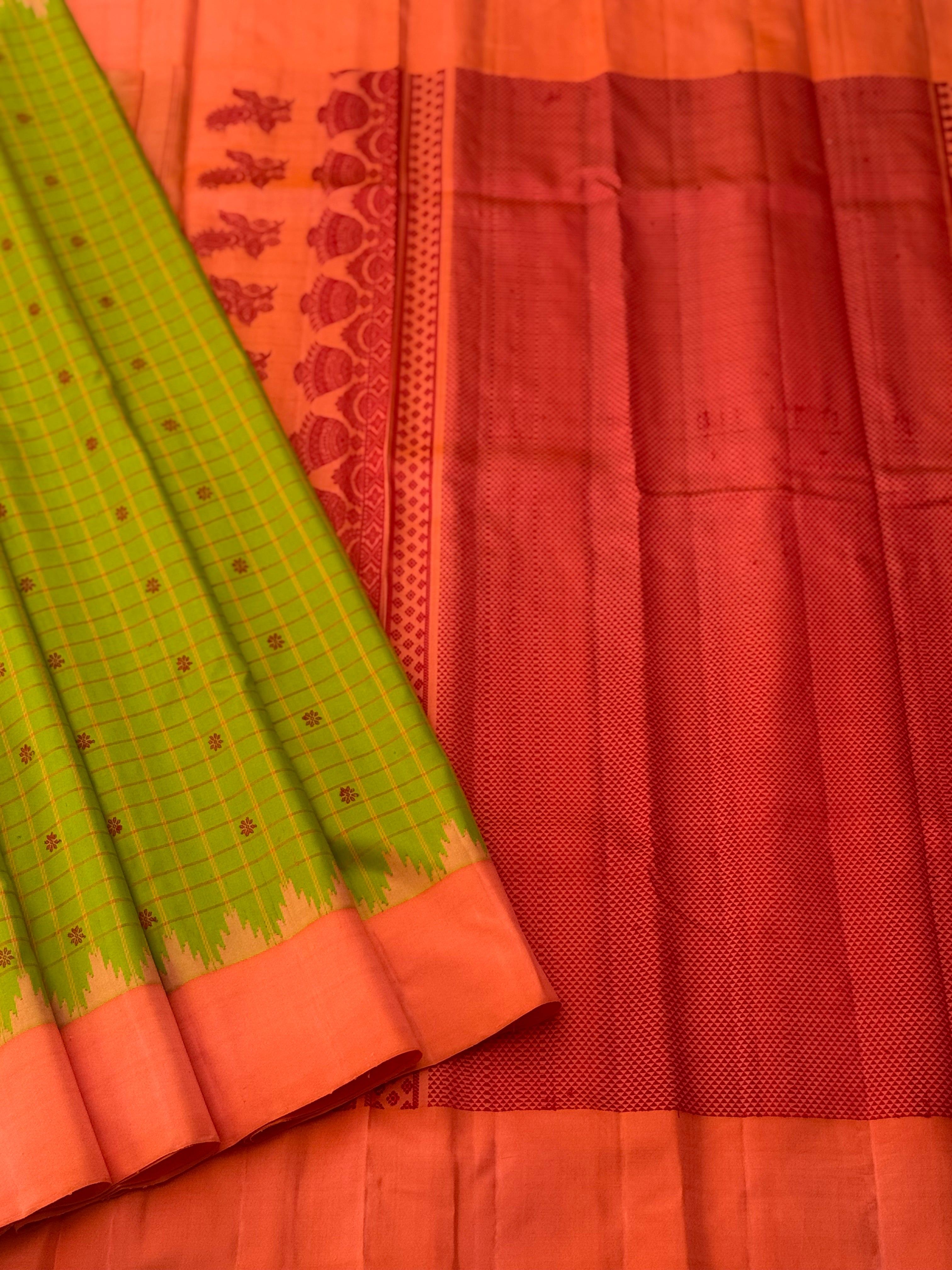 PastelOrange with fern green Gadwal silk saree with complete threadwork