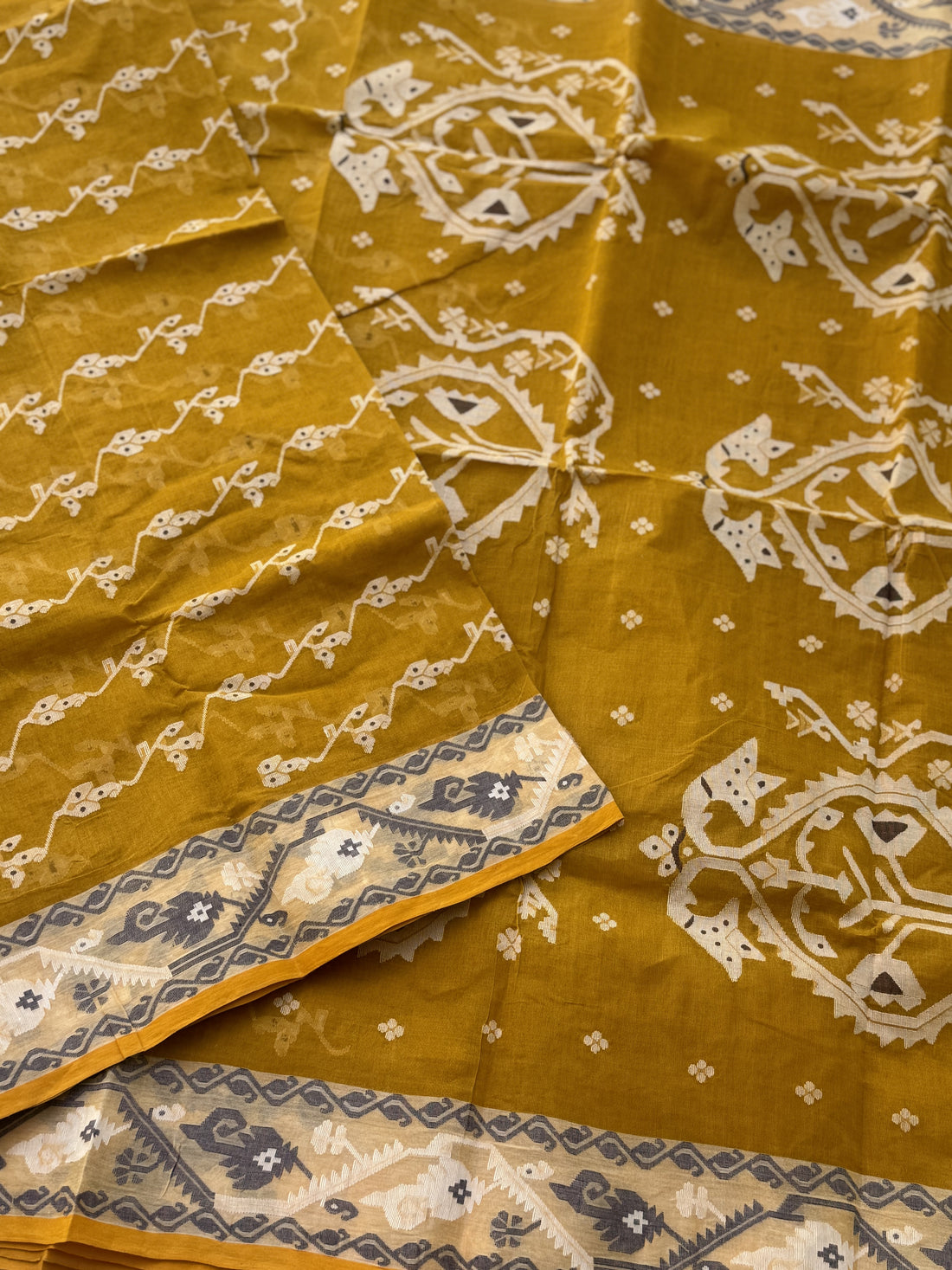 Mustard Yellow Dhakai Tant Cotton needlework Jamdani Saree