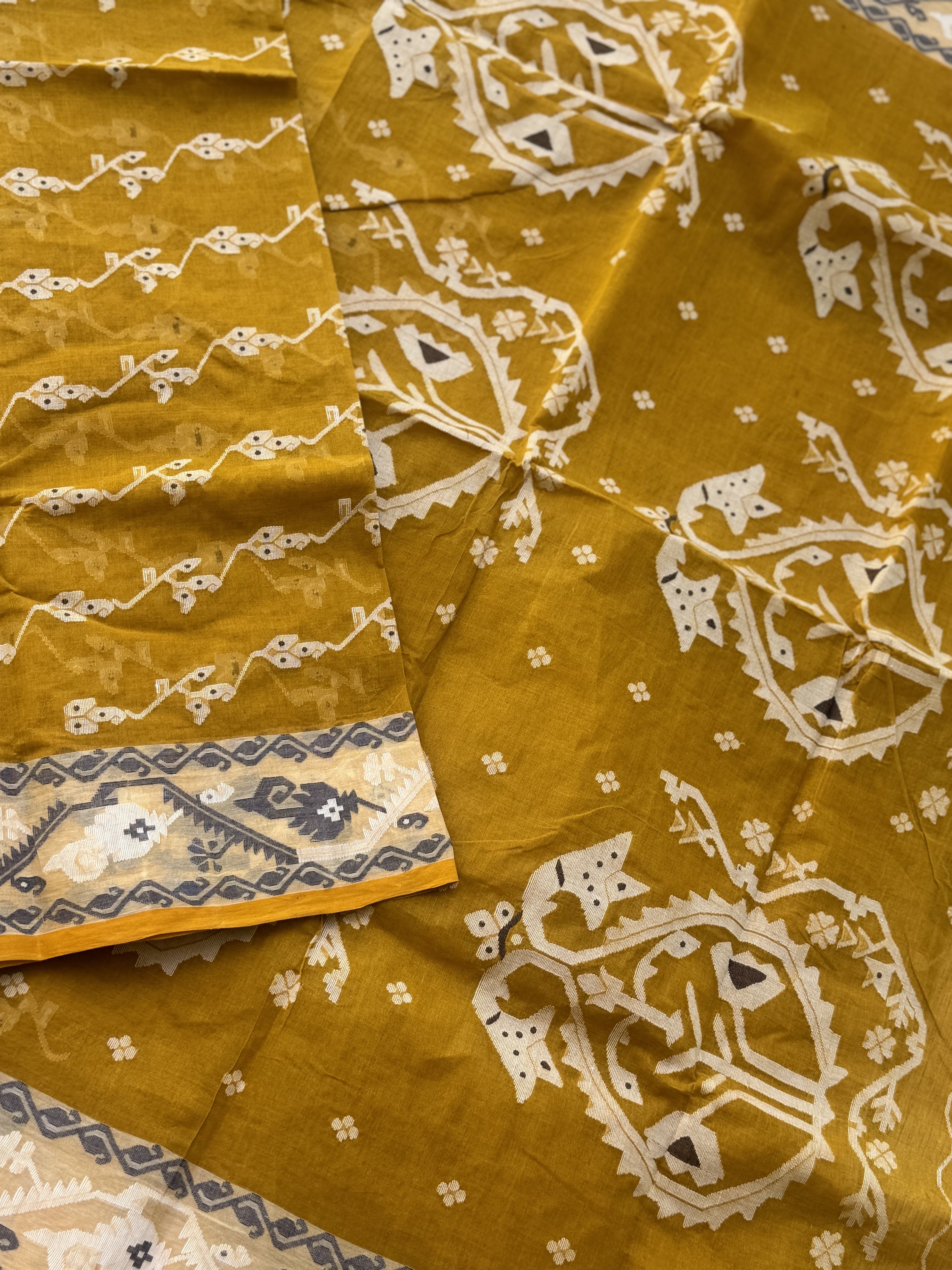 Mustard Yellow Dhakai Tant Cotton needlework Jamdani Saree