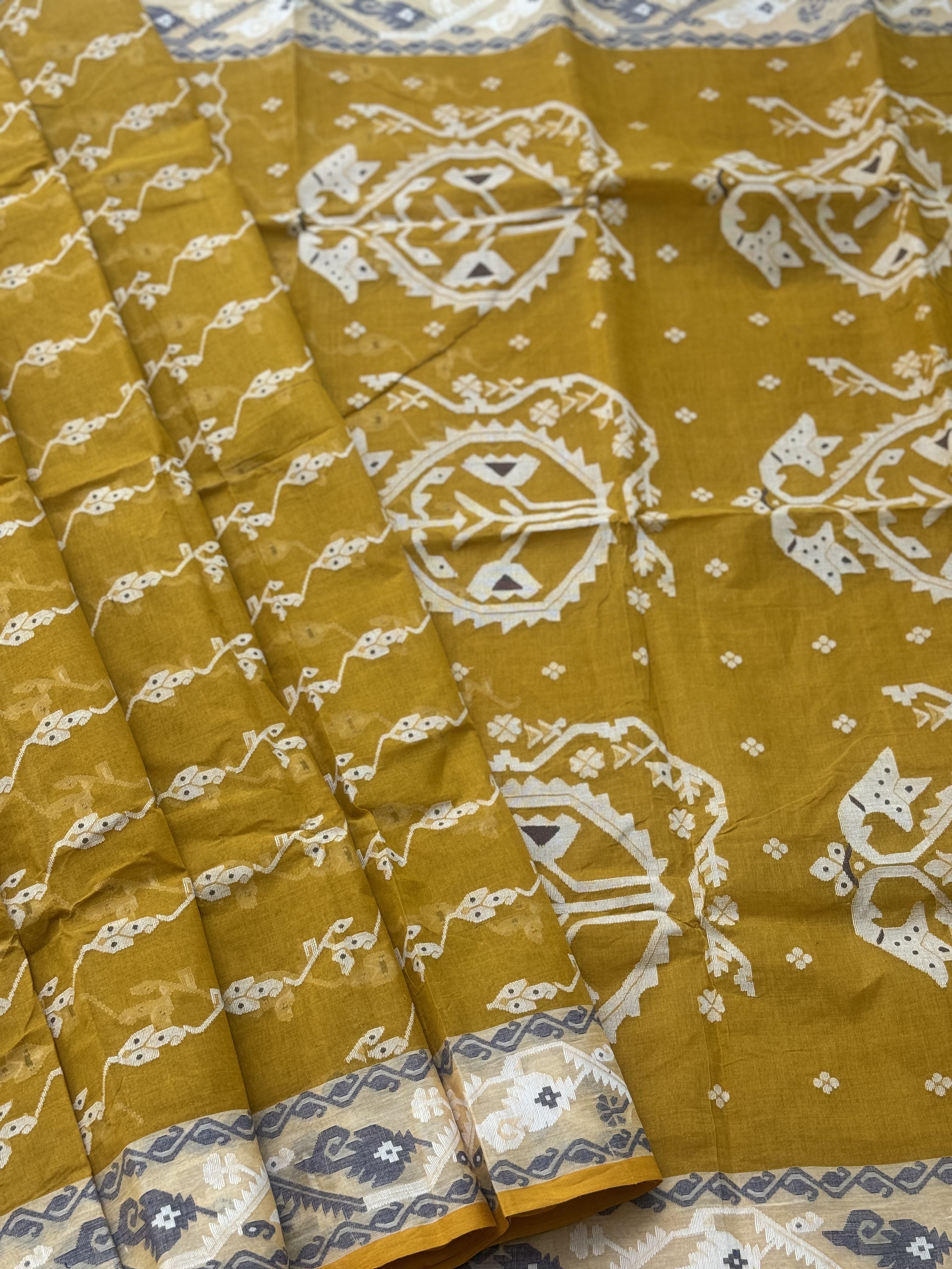 Mustard Yellow Dhakai Tant Cotton needlework Jamdani Saree