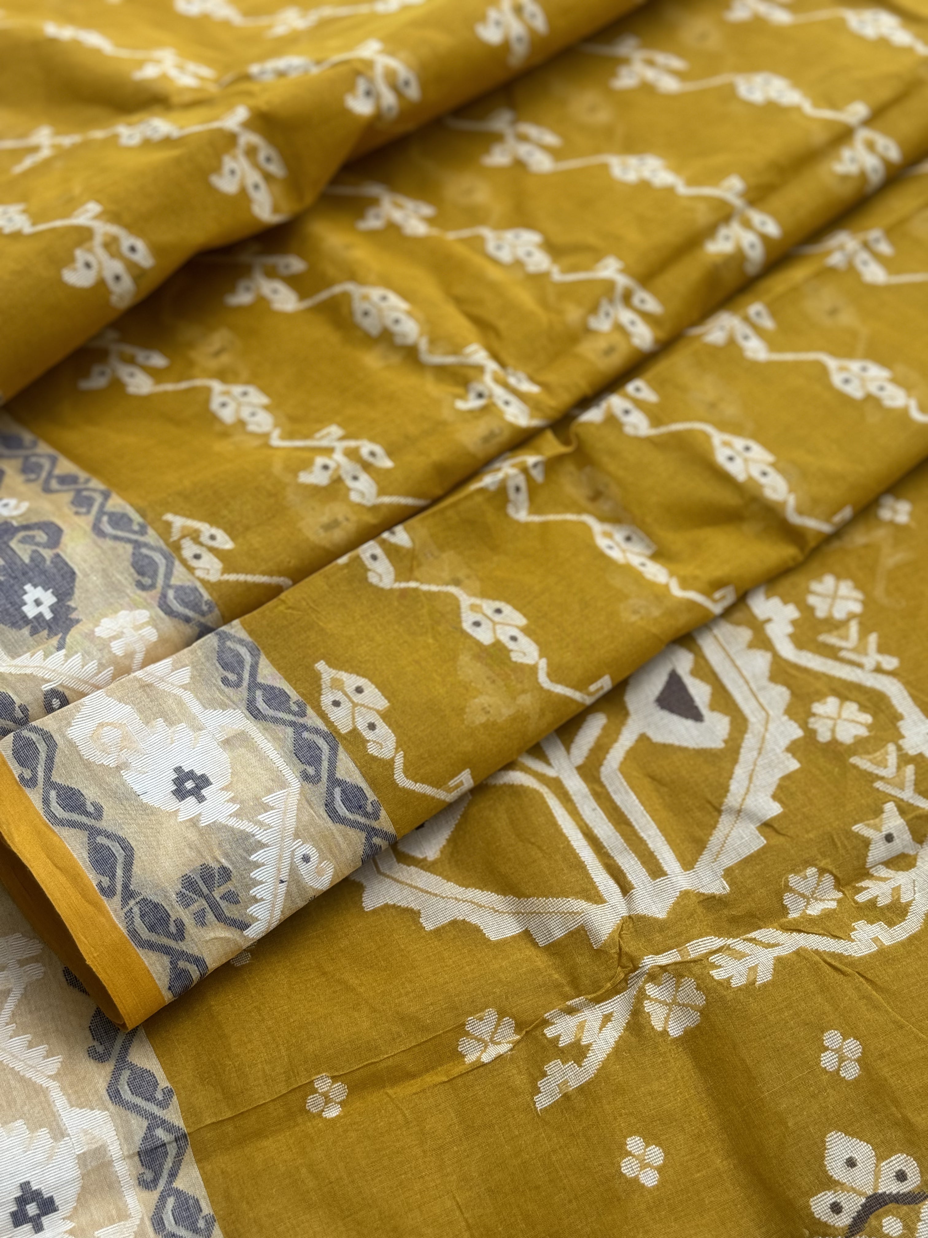 Mustard Yellow Dhakai Tant Cotton needlework Jamdani Saree