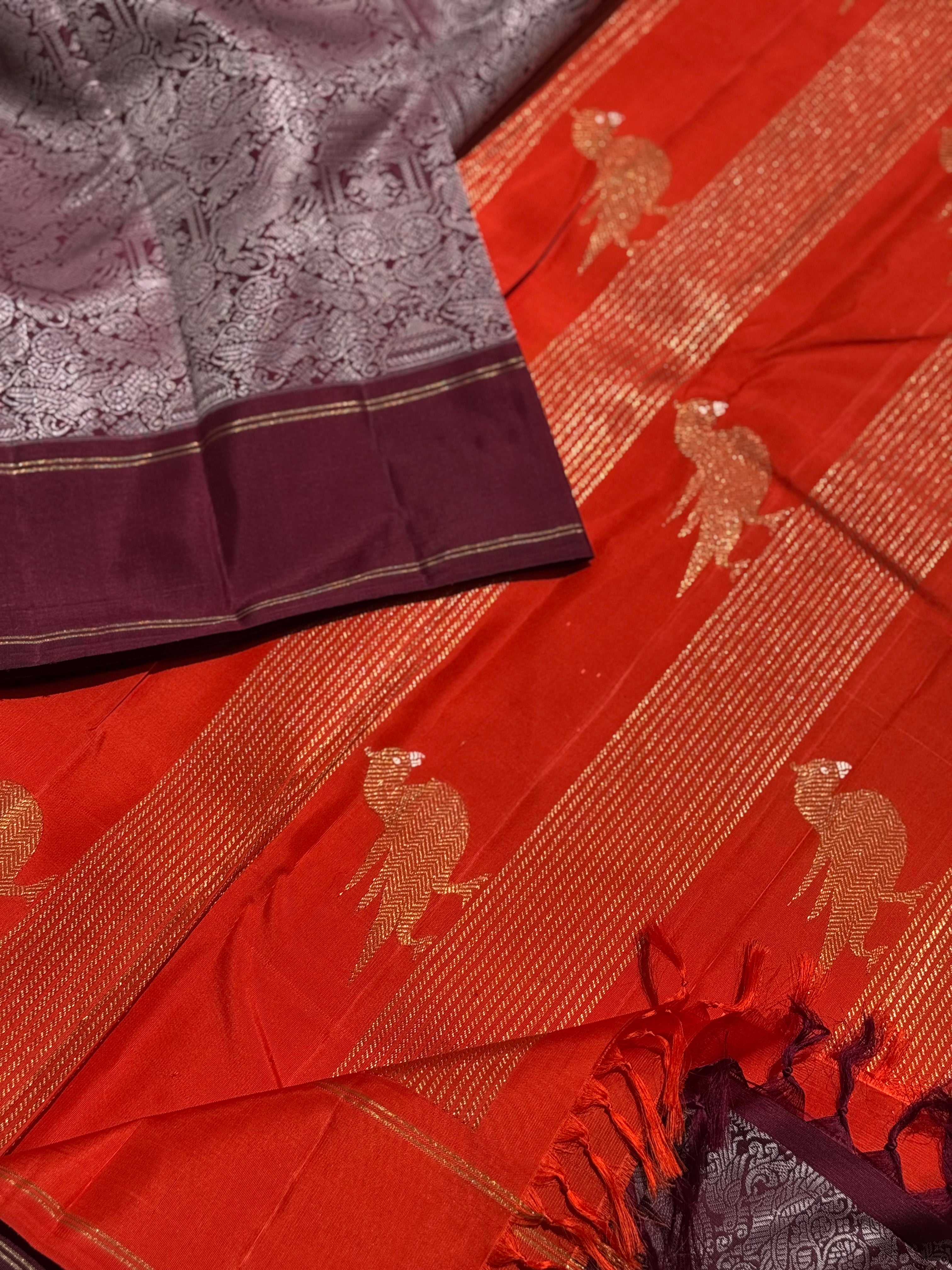 A stunner Masterpiece Garudaseva Adai kanchivaram woven silk saree arakku