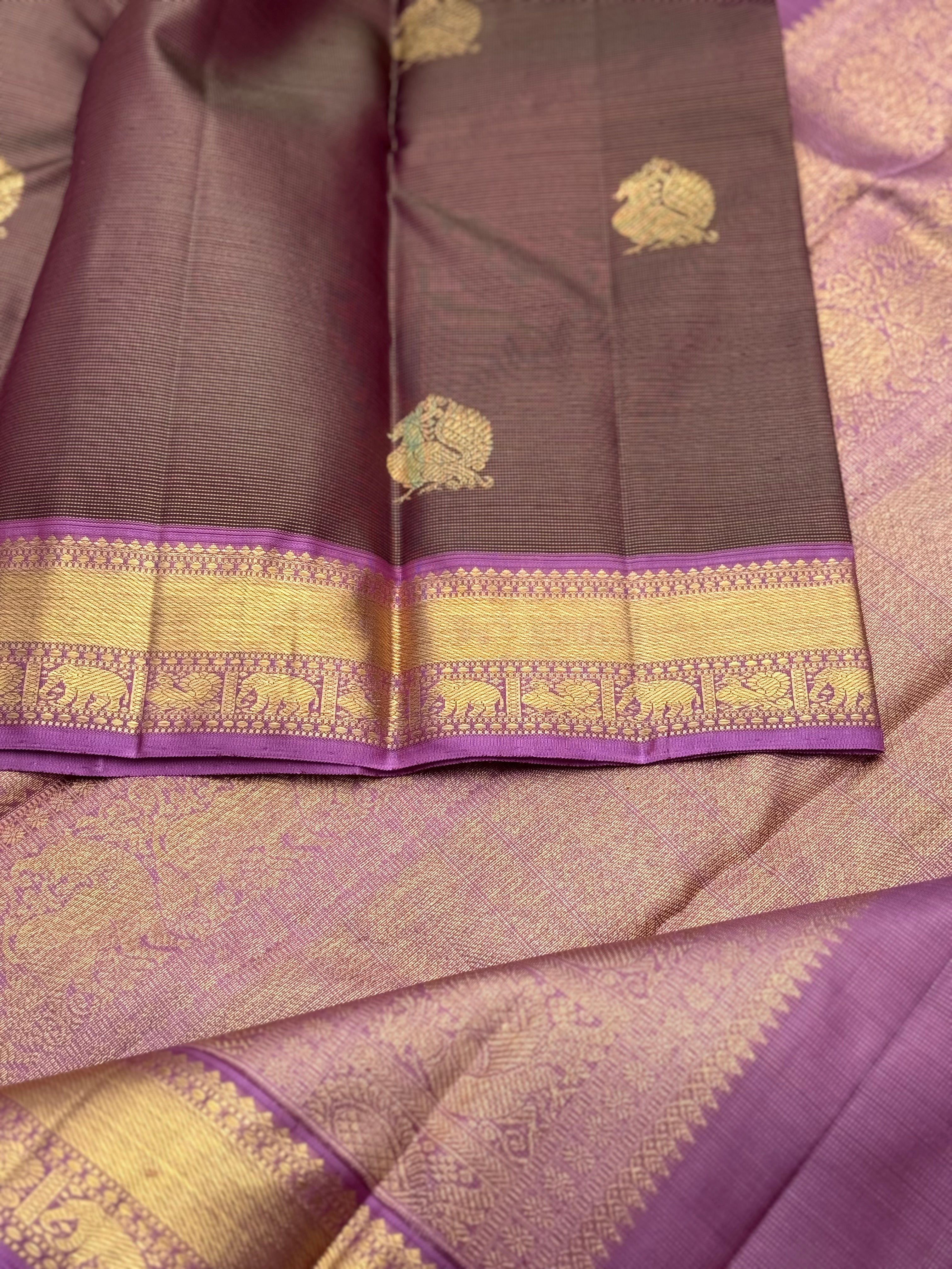Chocobrown with purple shot vairaoosi kanchivaram silk saree with annam motifs