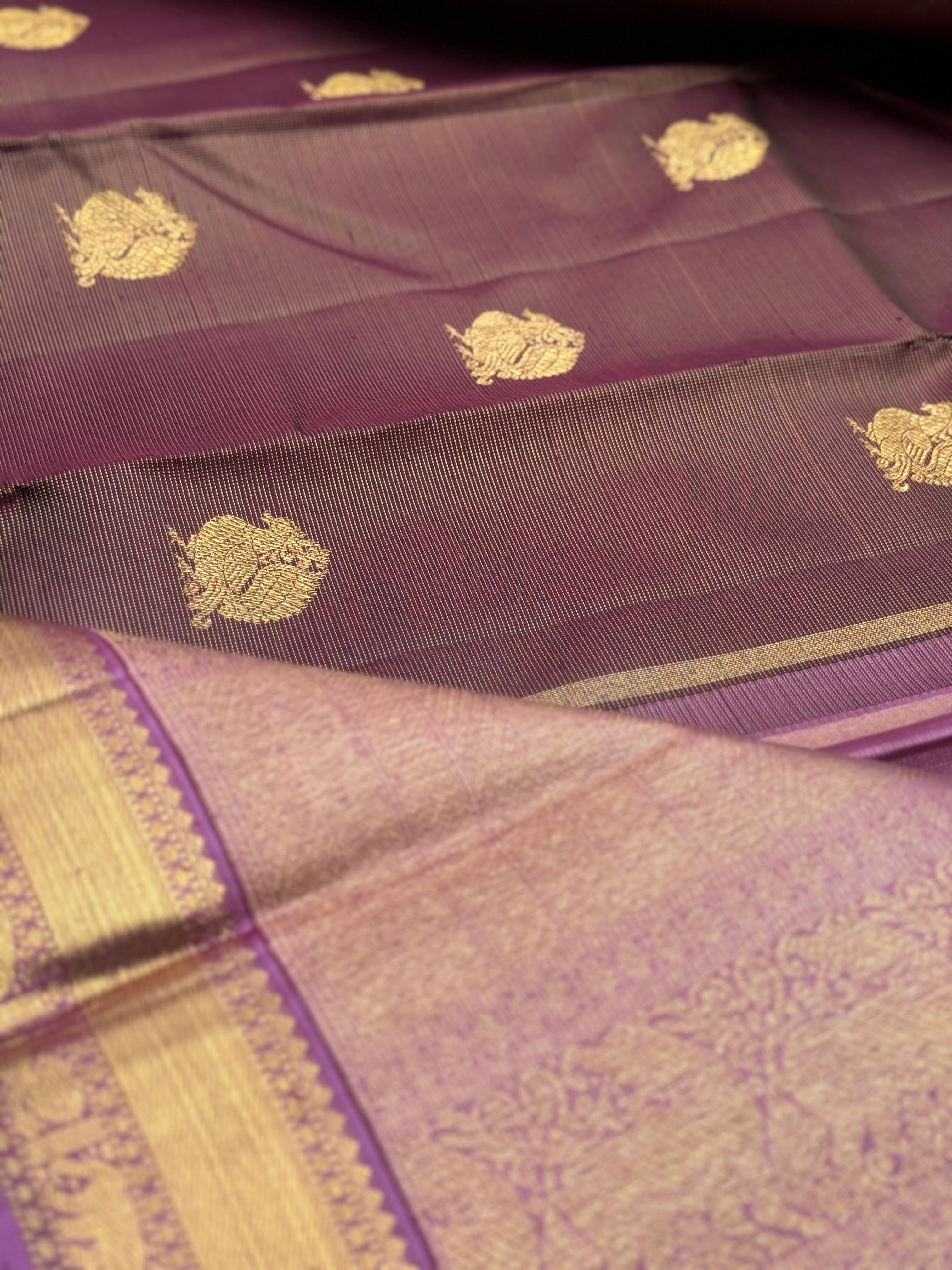 Chocobrown with purple shot vairaoosi kanchivaram silk saree with annam motifs