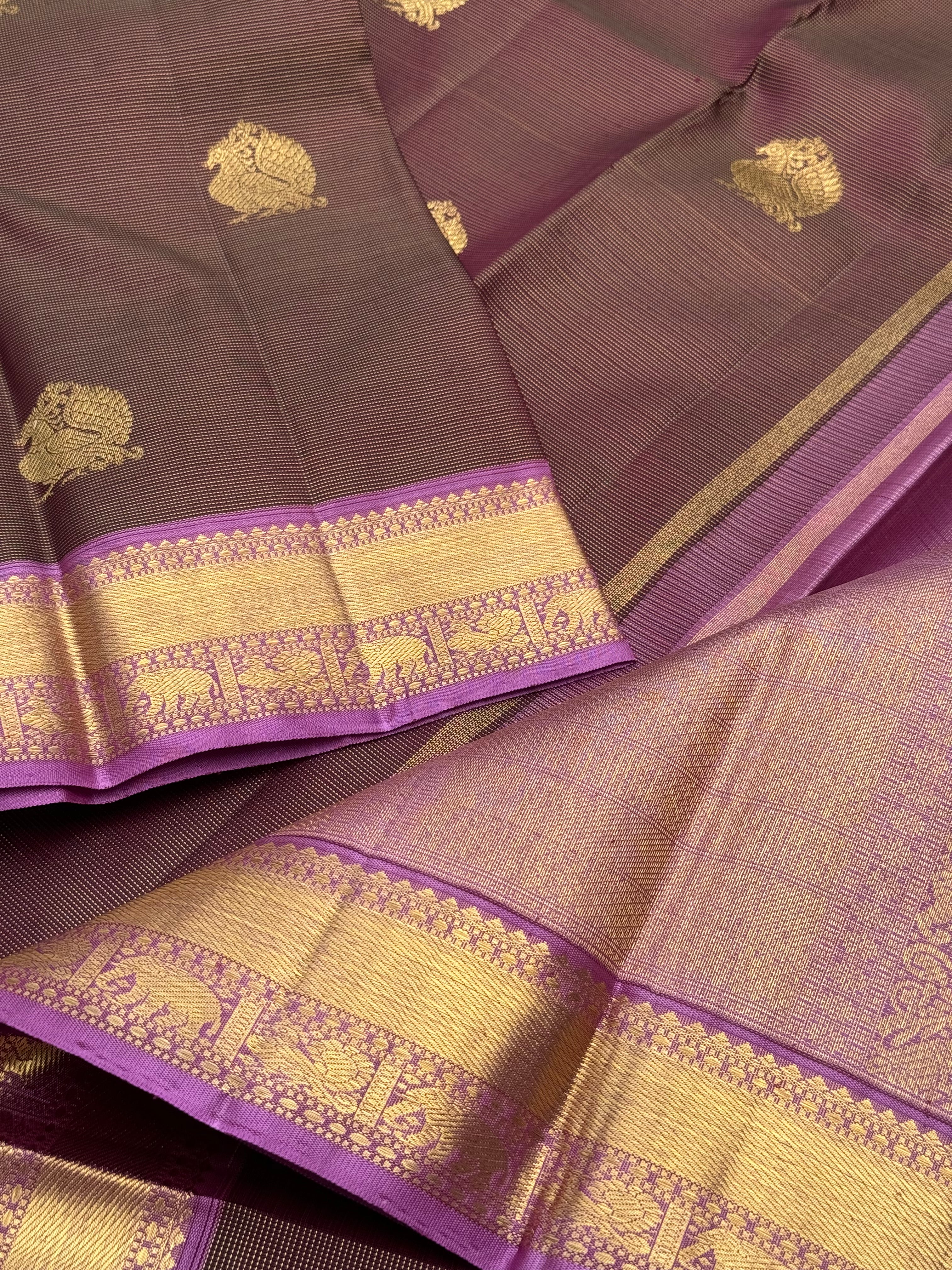 Chocobrown with purple shot vairaoosi kanchivaram silk saree with annam motifs