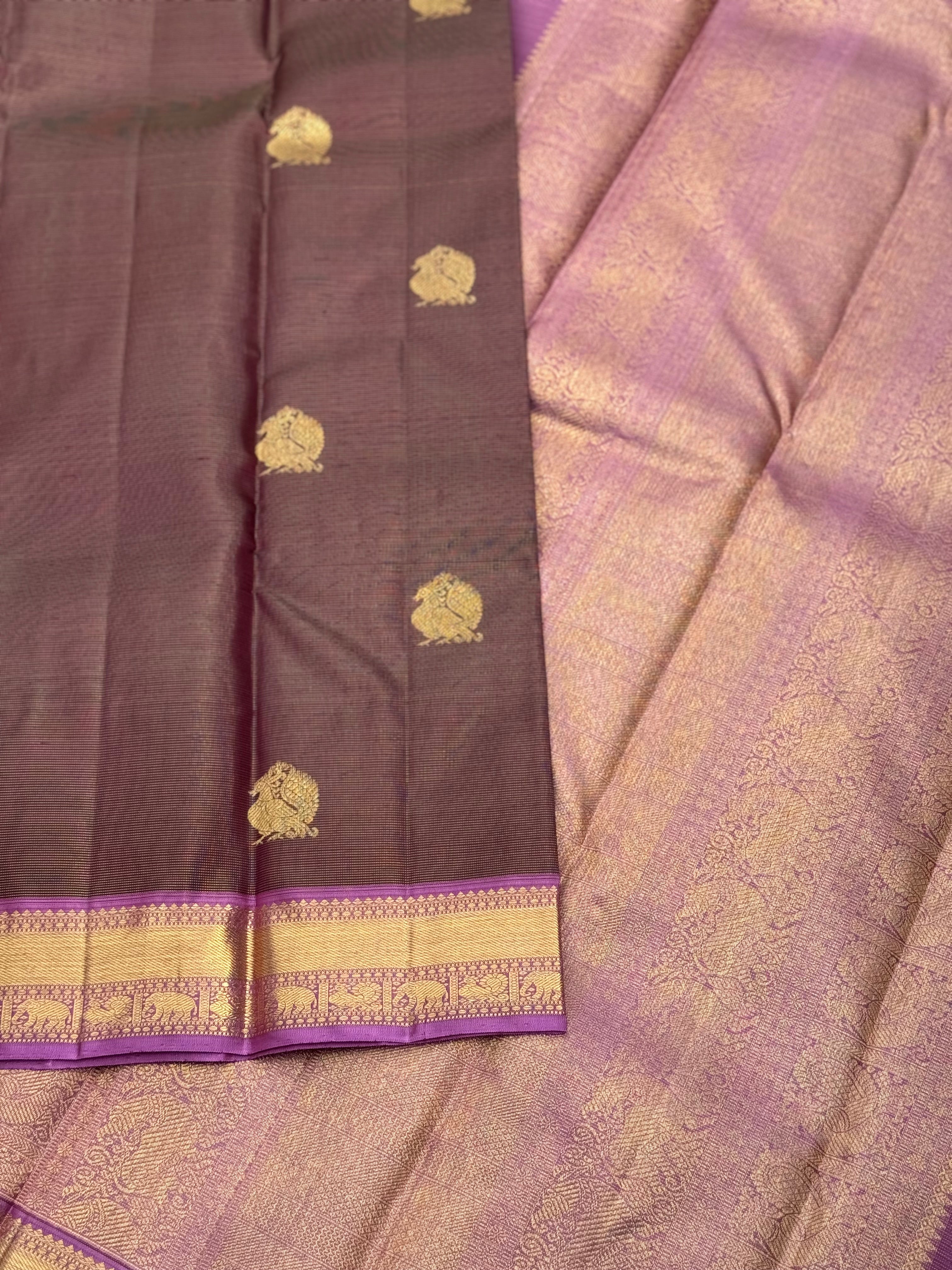 Chocobrown with purple shot vairaoosi kanchivaram silk saree with annam motifs