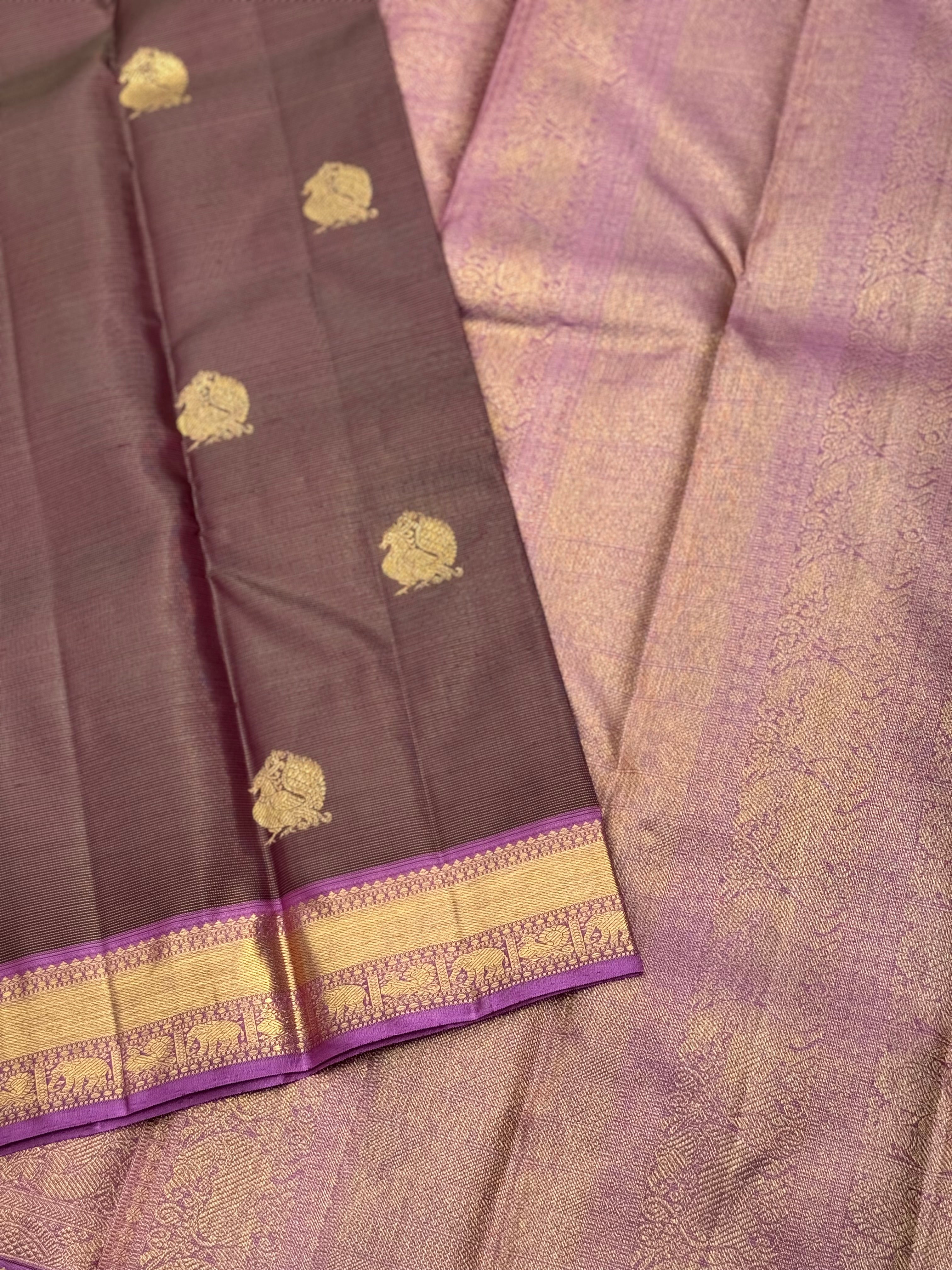 Chocobrown with purple shot vairaoosi kanchivaram silk saree with annam motifs