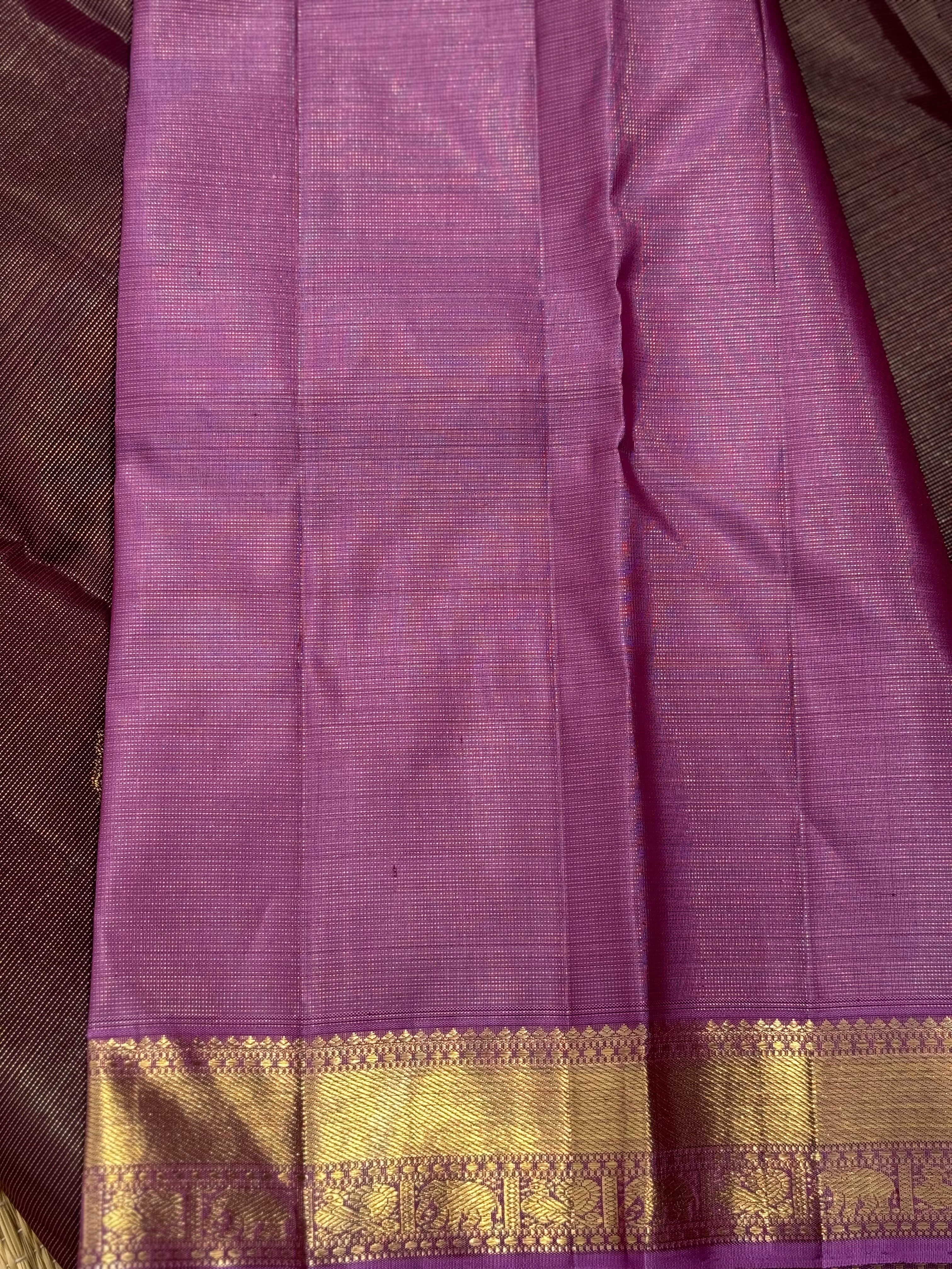 Chocobrown with purple shot vairaoosi kanchivaram silk saree with annam motifs