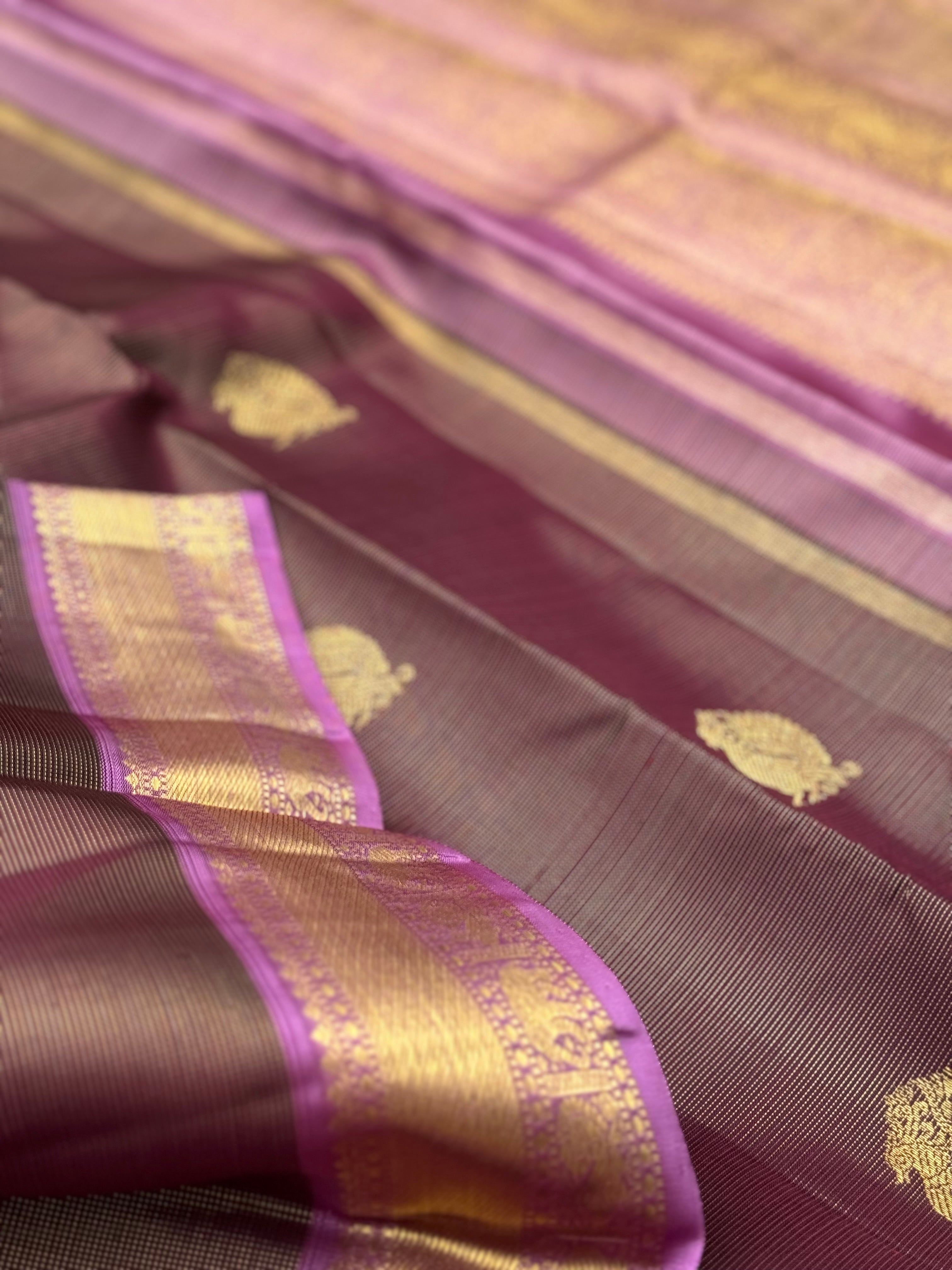 Chocobrown with purple shot vairaoosi kanchivaram silk saree with annam motifs