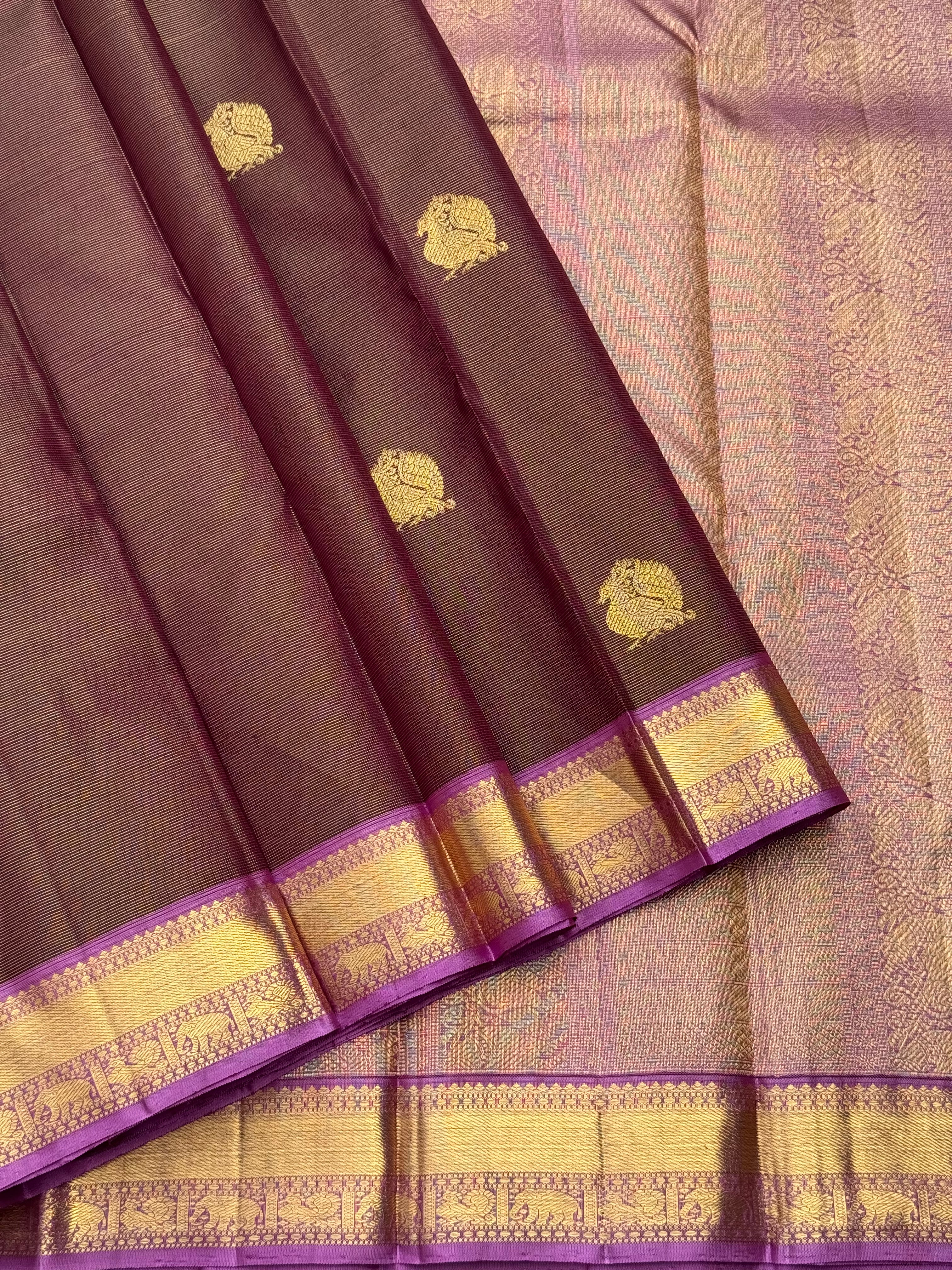 Chocobrown with purple shot vairaoosi kanchivaram silk saree with annam motifs