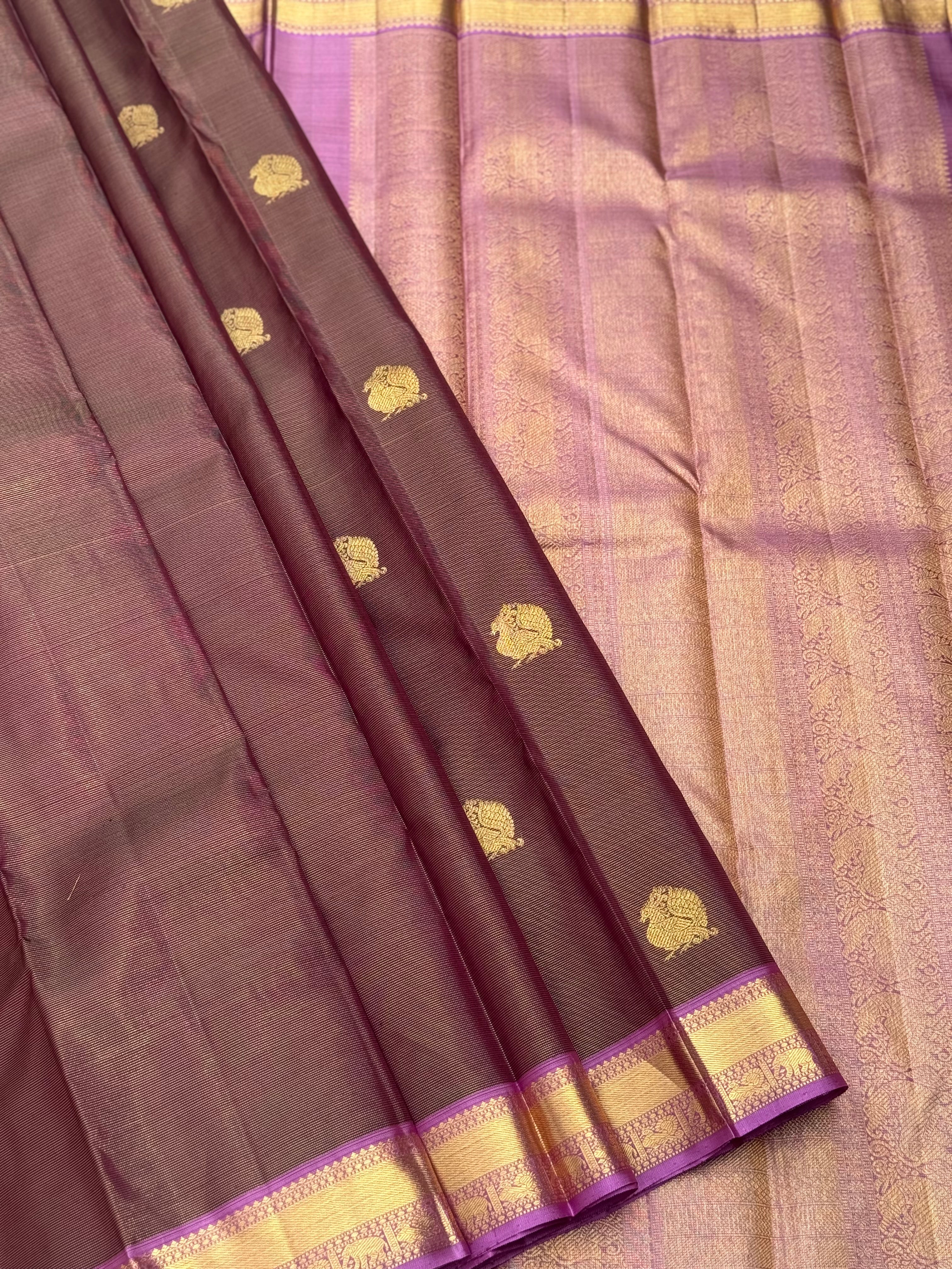 Chocobrown with purple shot vairaoosi kanchivaram silk saree with annam motifs