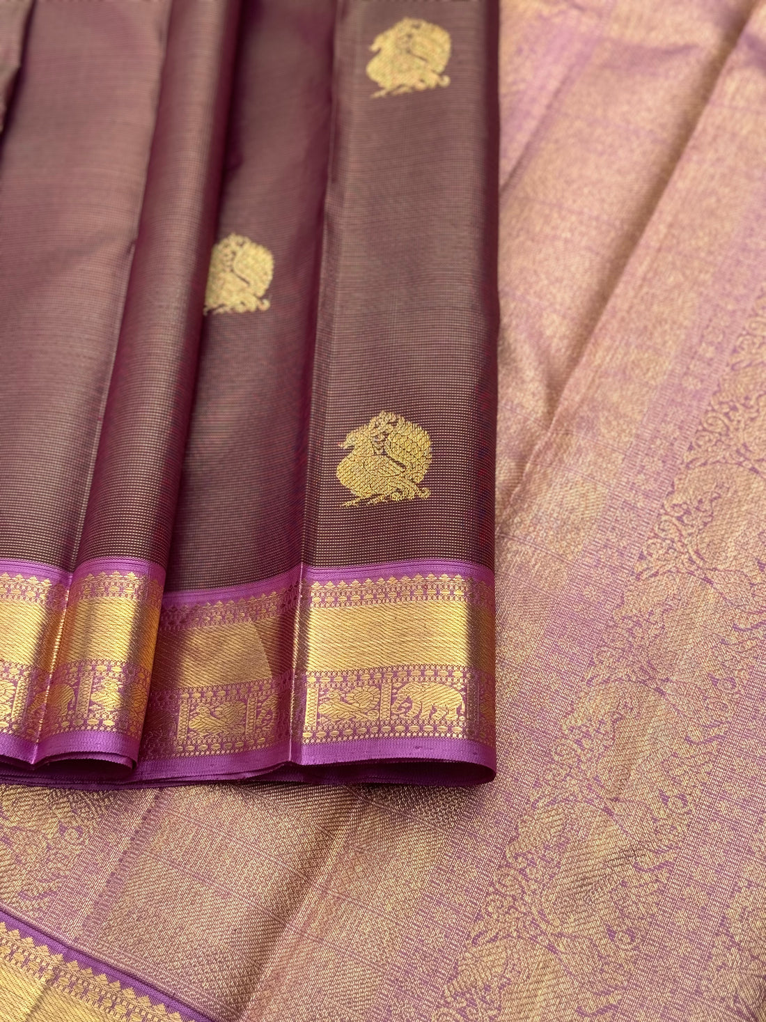 Chocobrown with purple shot vairaoosi kanchivaram silk saree with annam motifs