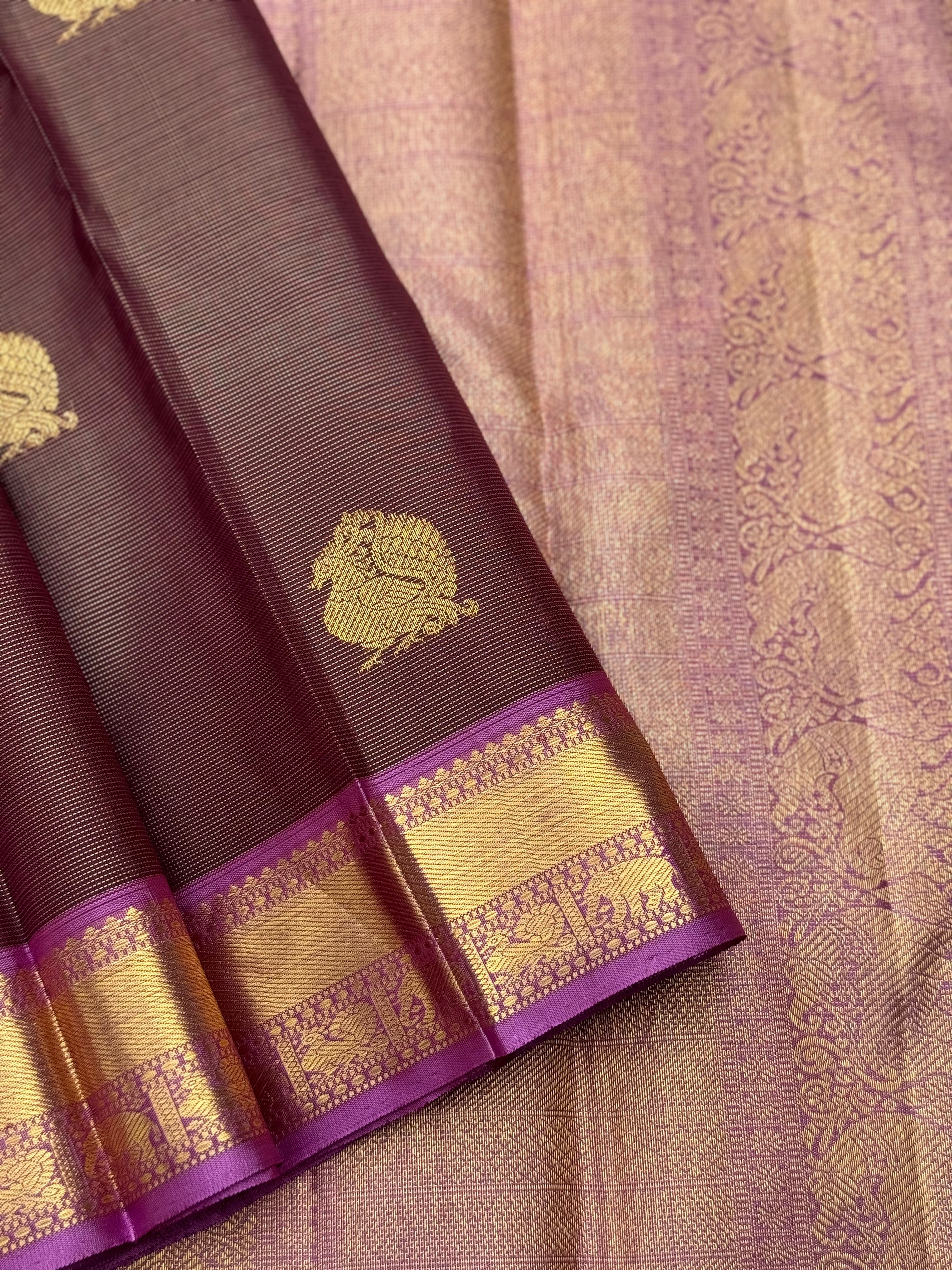 Chocobrown with purple shot vairaoosi kanchivaram silk saree with annam motifs