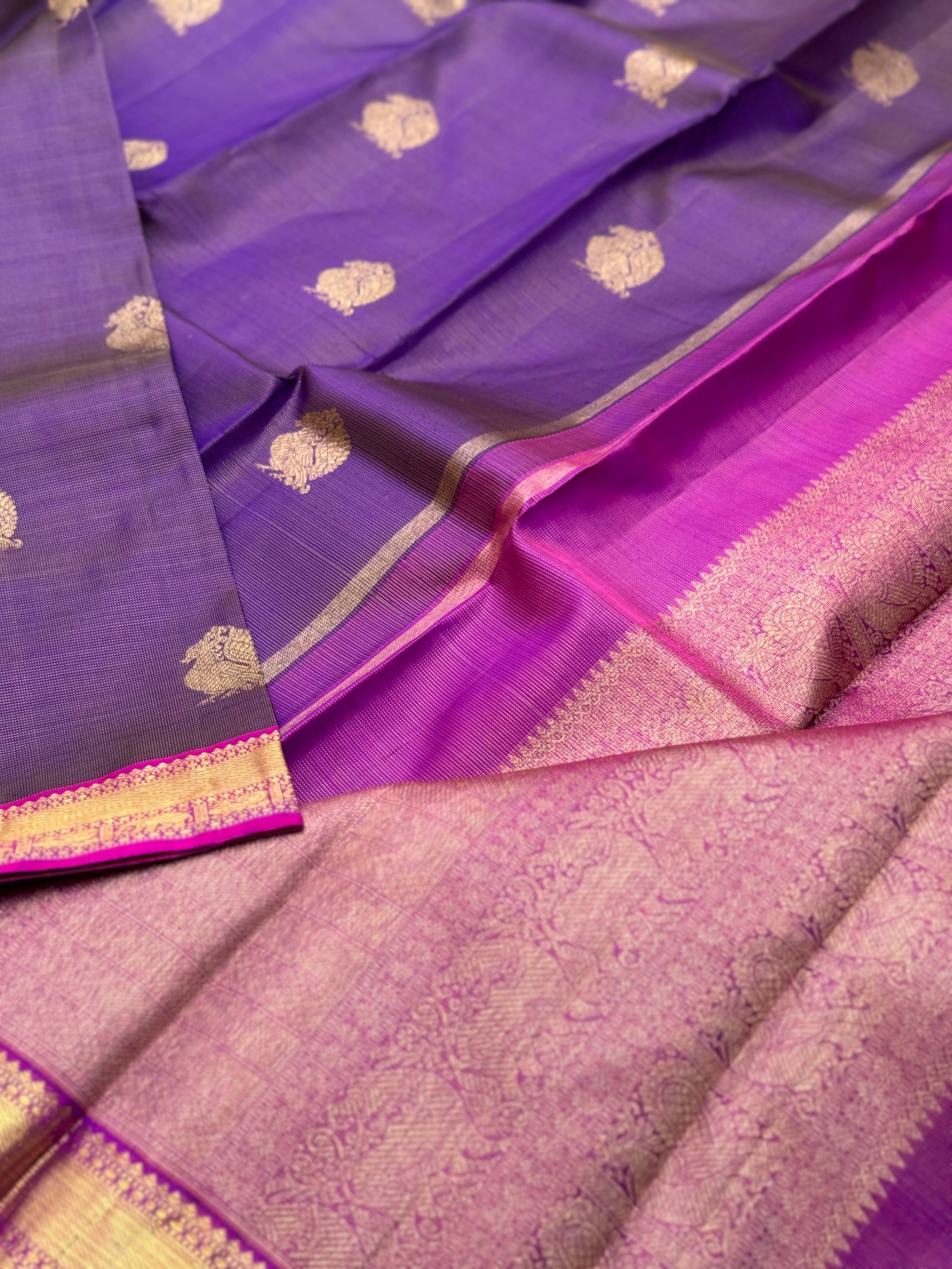 Purple pink shot vairaoosi kanchivaram silk saree with annam motifs