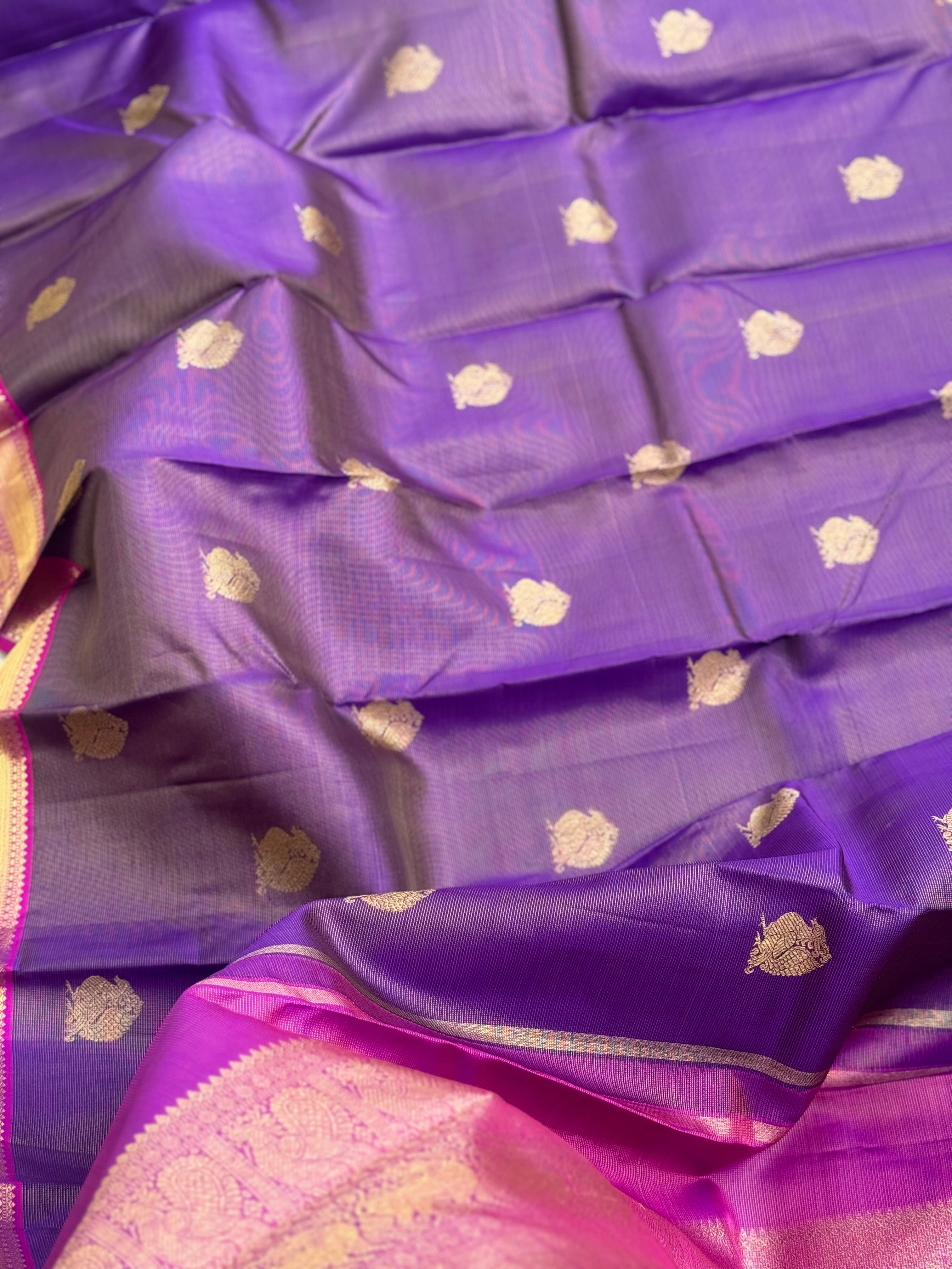 Purple pink shot vairaoosi kanchivaram silk saree with annam motifs