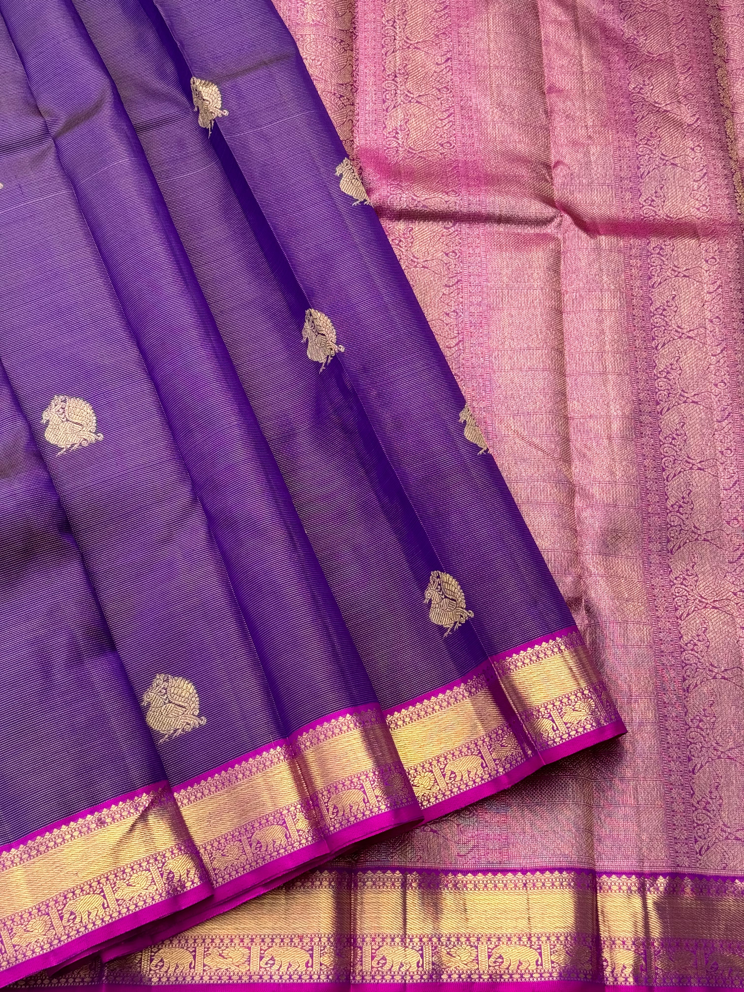 Purple pink shot vairaoosi kanchivaram silk saree with annam motifs