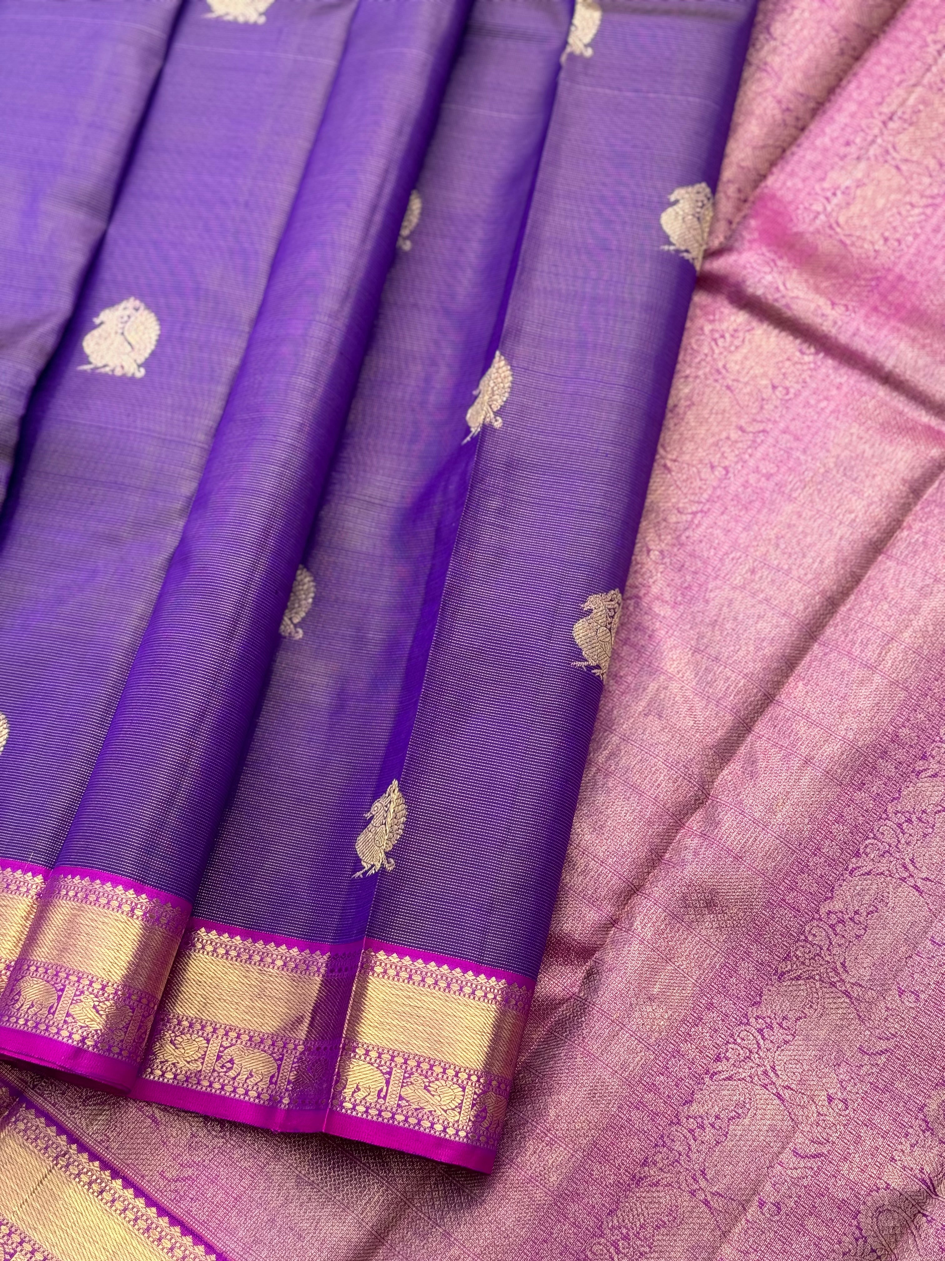 Purple pink shot vairaoosi kanchivaram silk saree with annam motifs