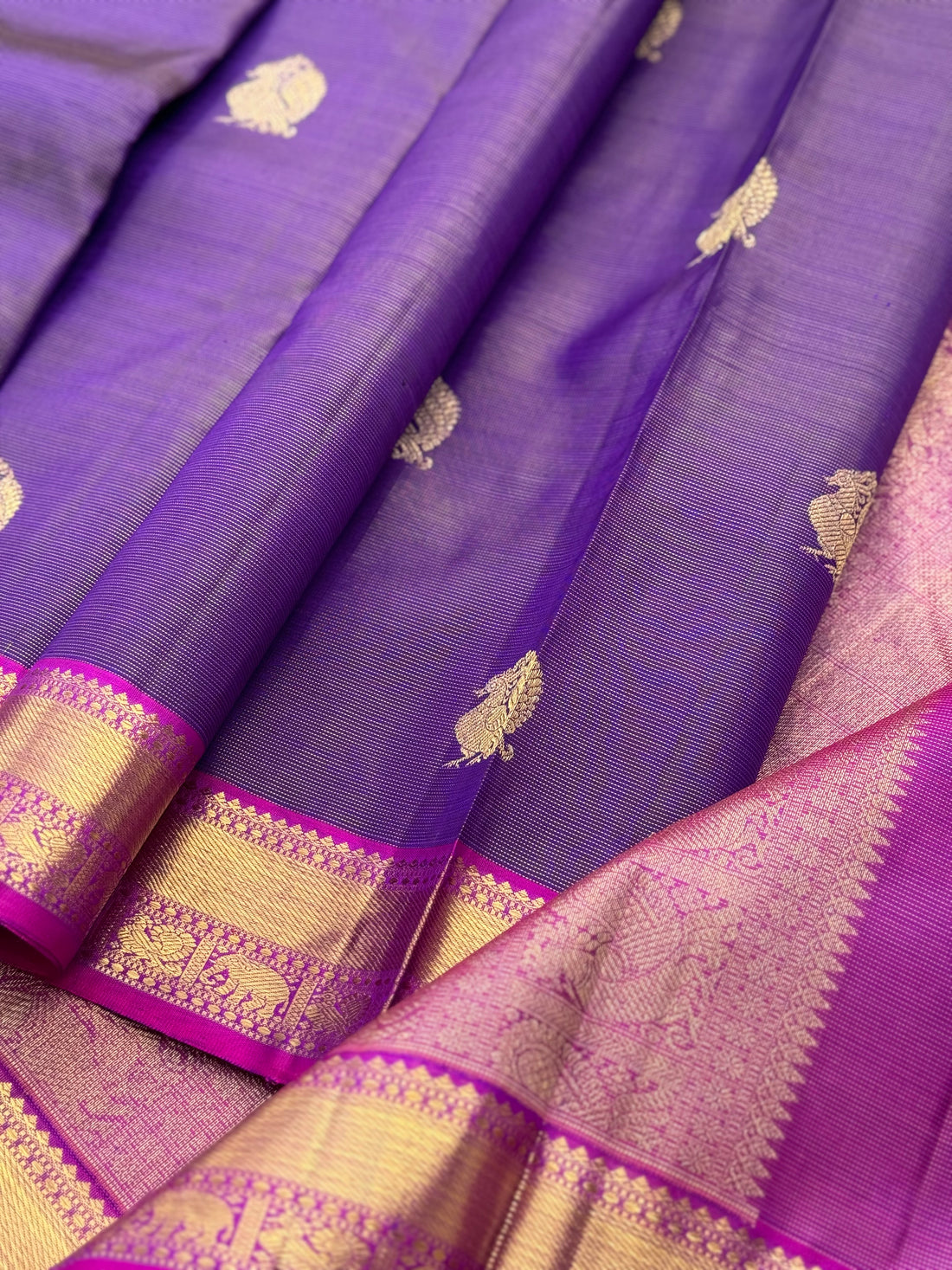 Purple pink shot vairaoosi kanchivaram silk saree with annam motifs