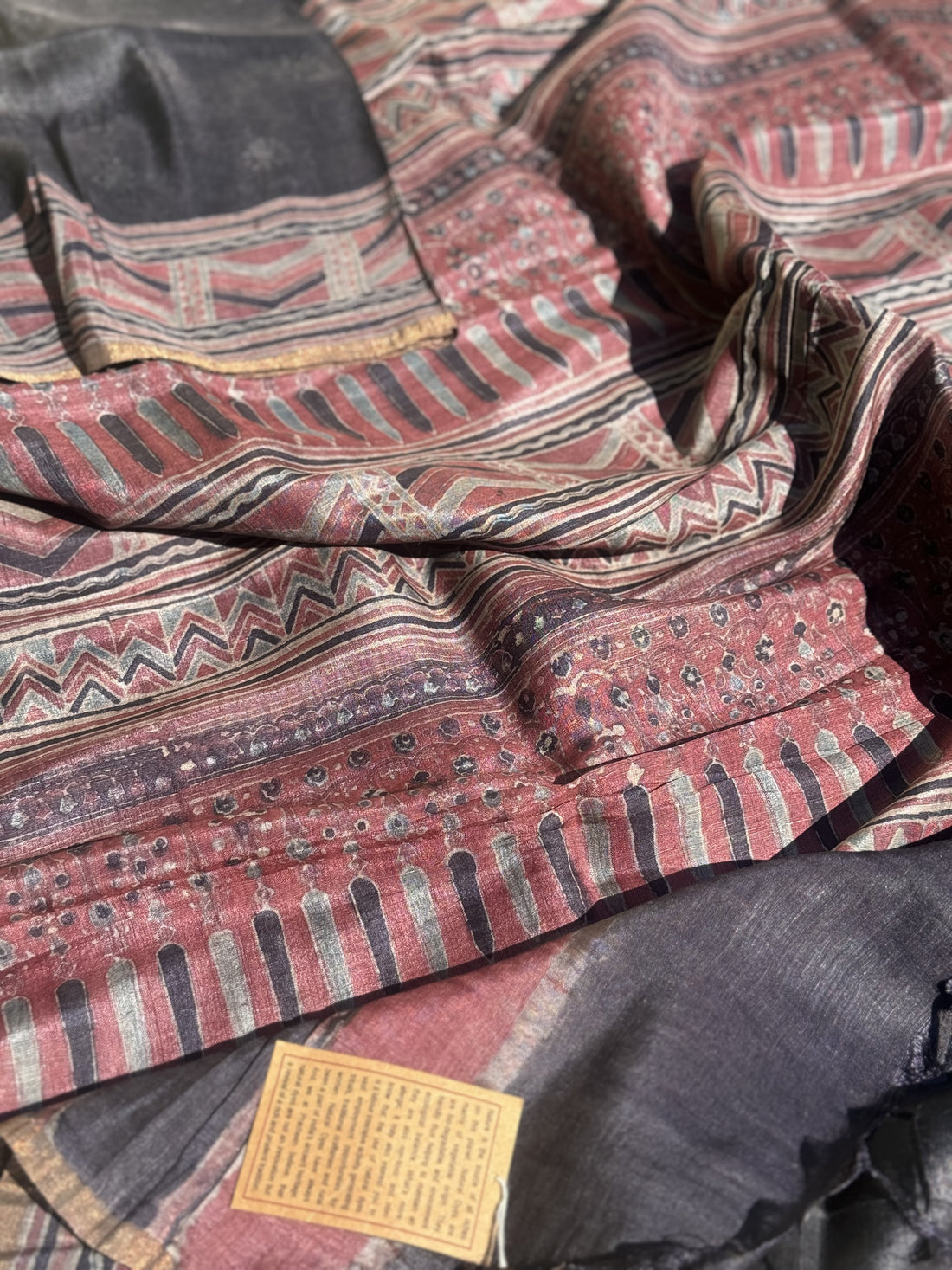 Linen Silk - Natural Dyed Ajrakh Double Resist Contemporary Block printed Linen Silk Saree