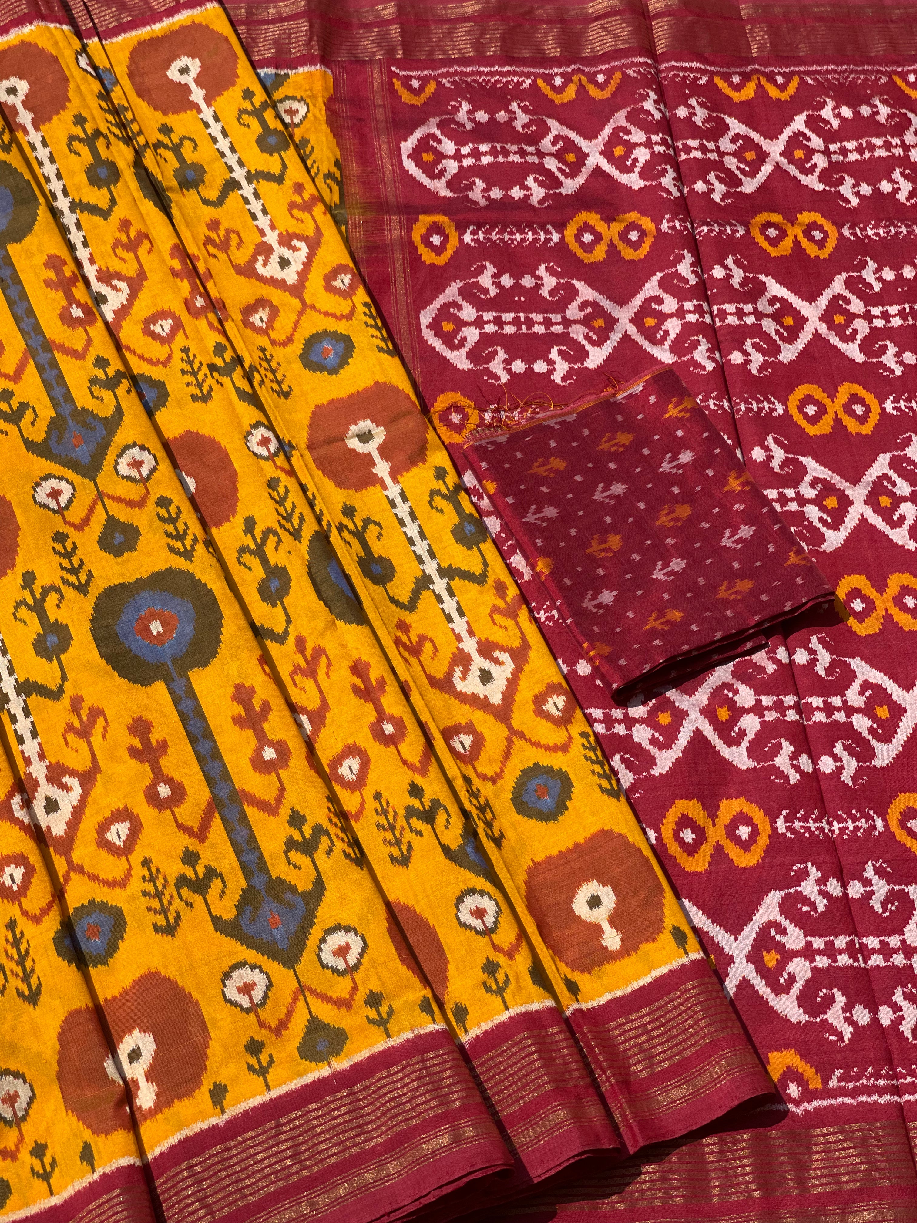 A stunner mustard yellow by deep burgundy premium tussar by mulberry silk ikkat SAREE