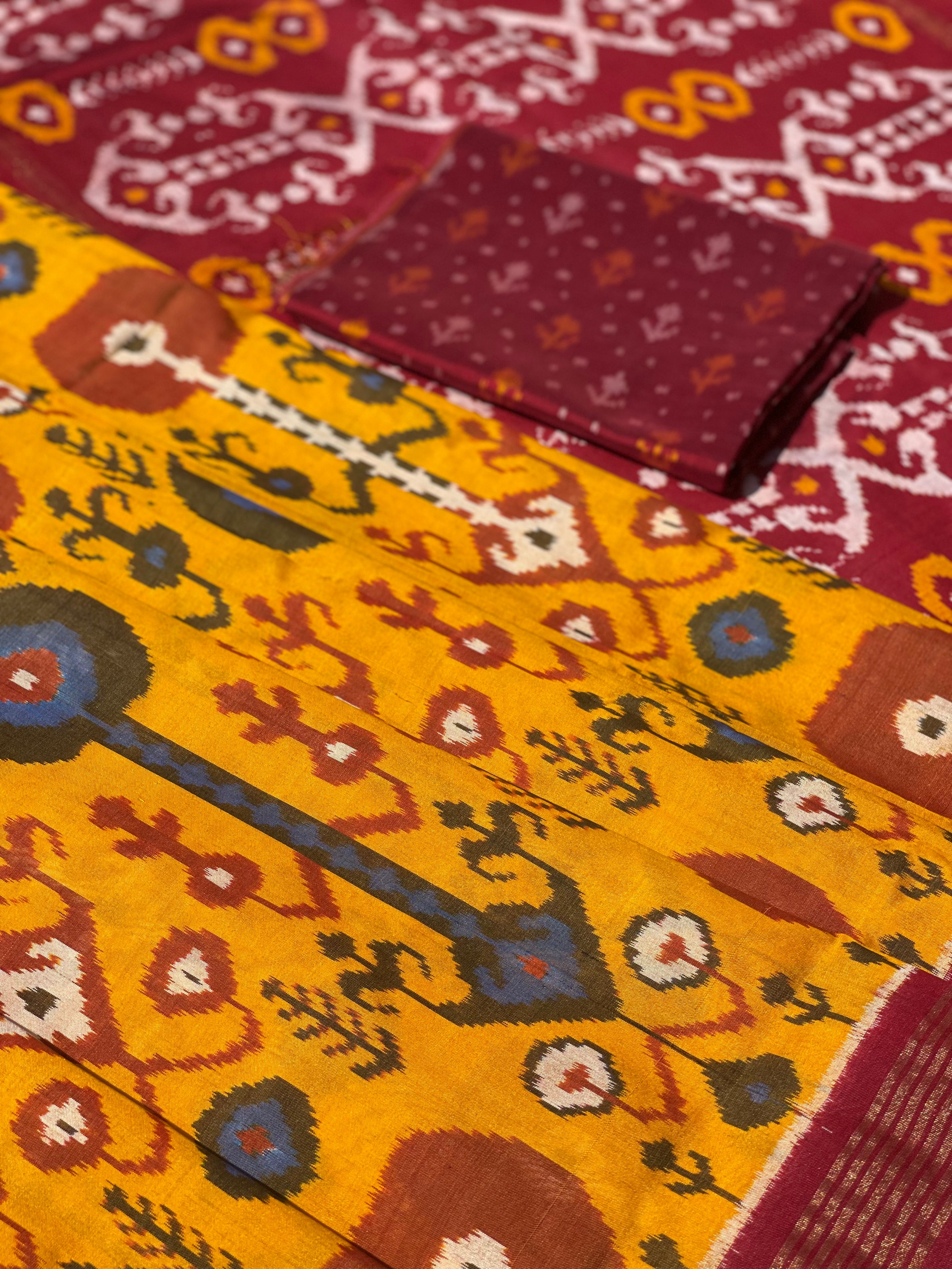 A stunner mustard yellow by deep burgundy premium tussar by mulberry silk ikkat SAREE
