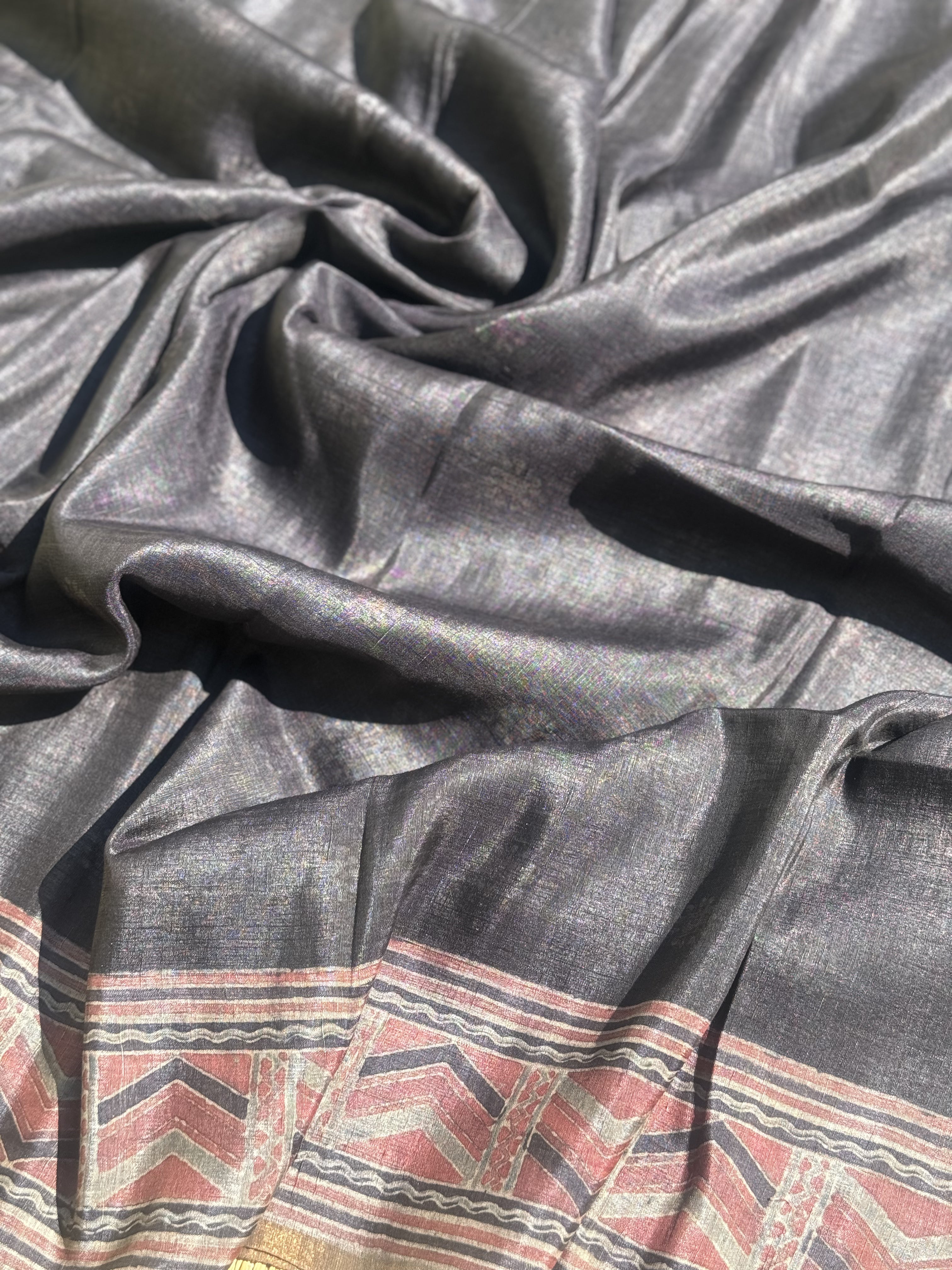 Linen Silk - Natural Dyed Ajrakh Double Resist Contemporary Block printed Linen Silk Saree