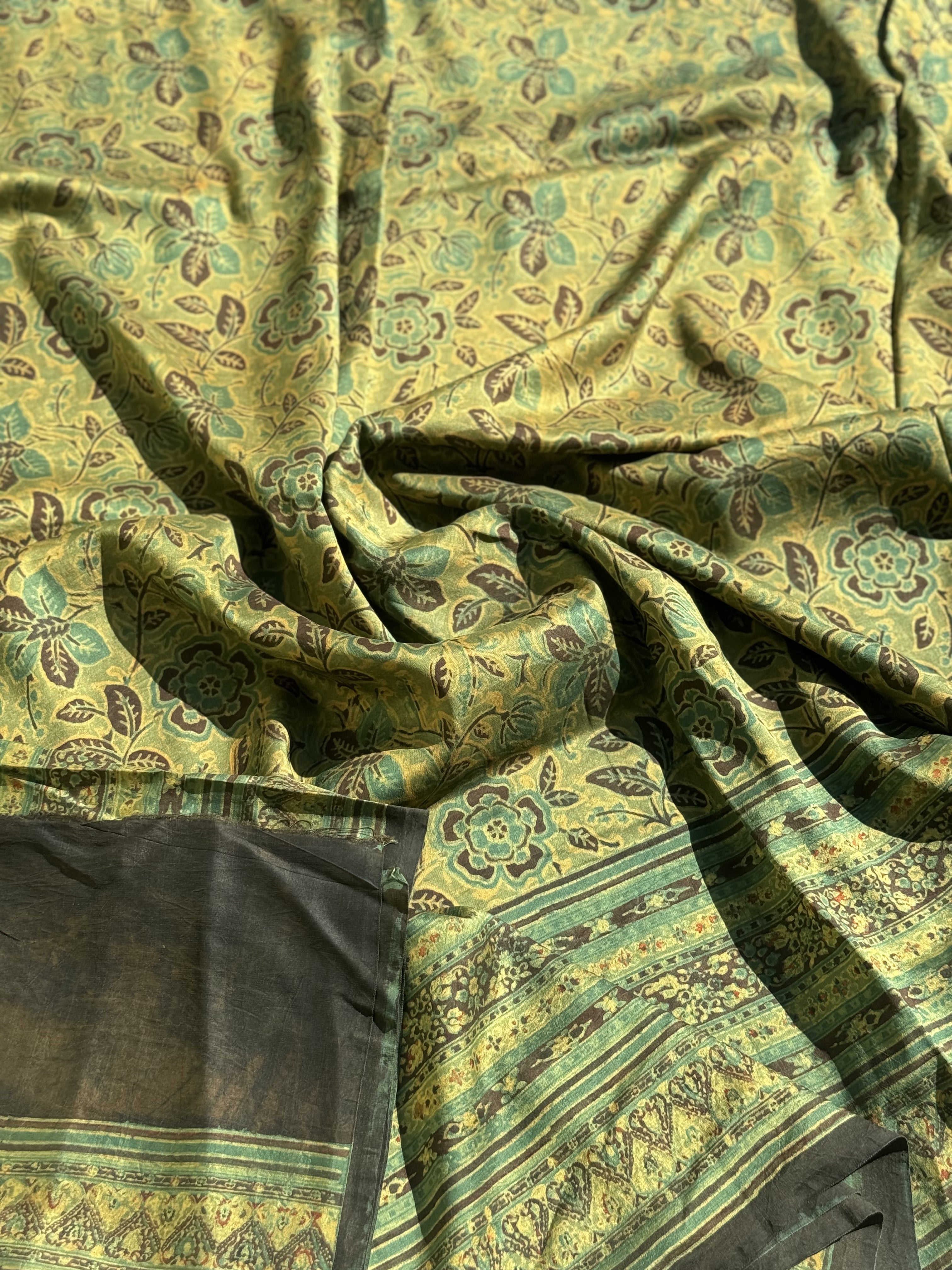 Natural Dyed Ajrakh Double Resist floral Block printed mulberry Silk Saree