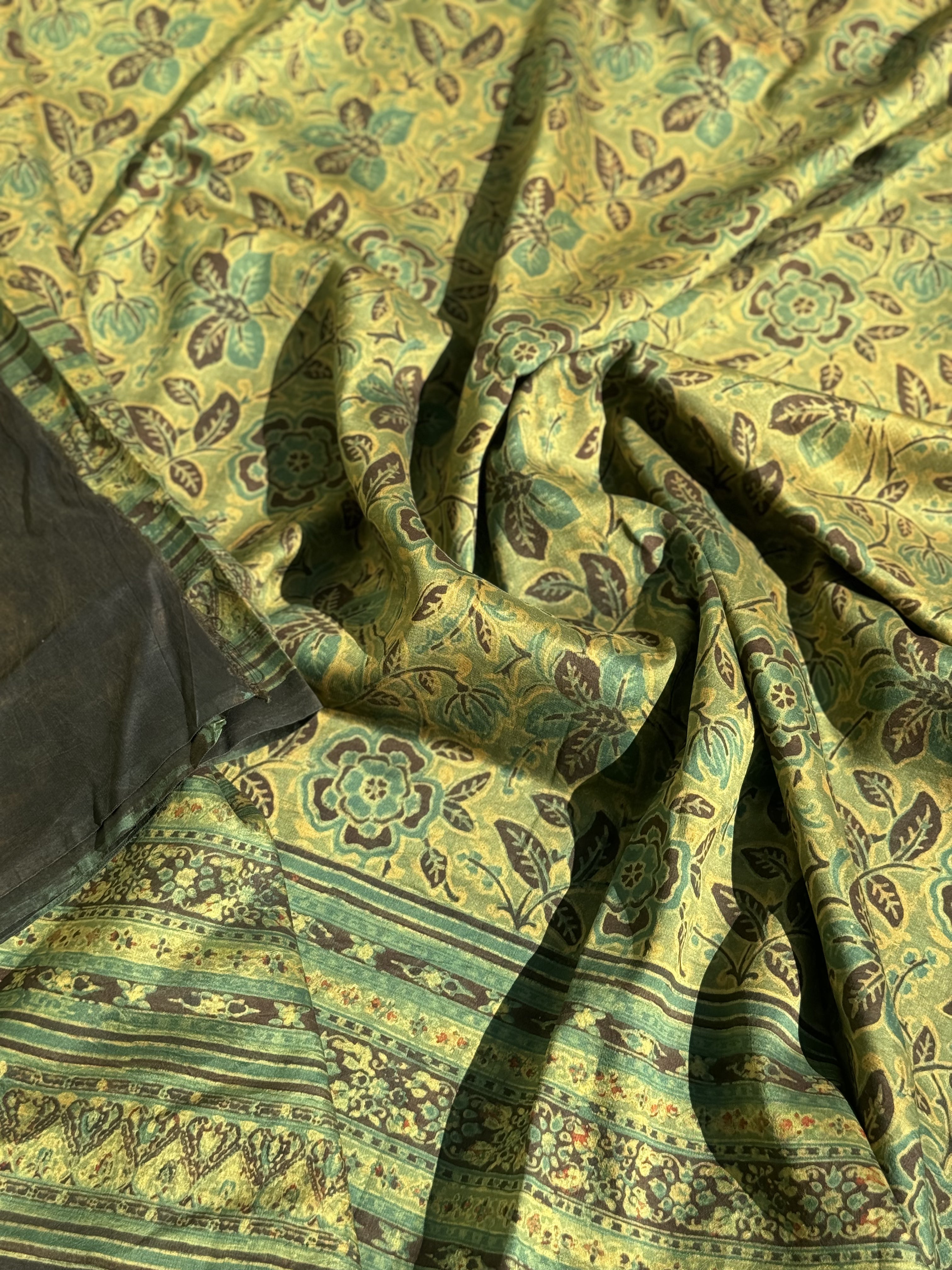 Natural Dyed Ajrakh Double Resist floral Block printed mulberry Silk Saree