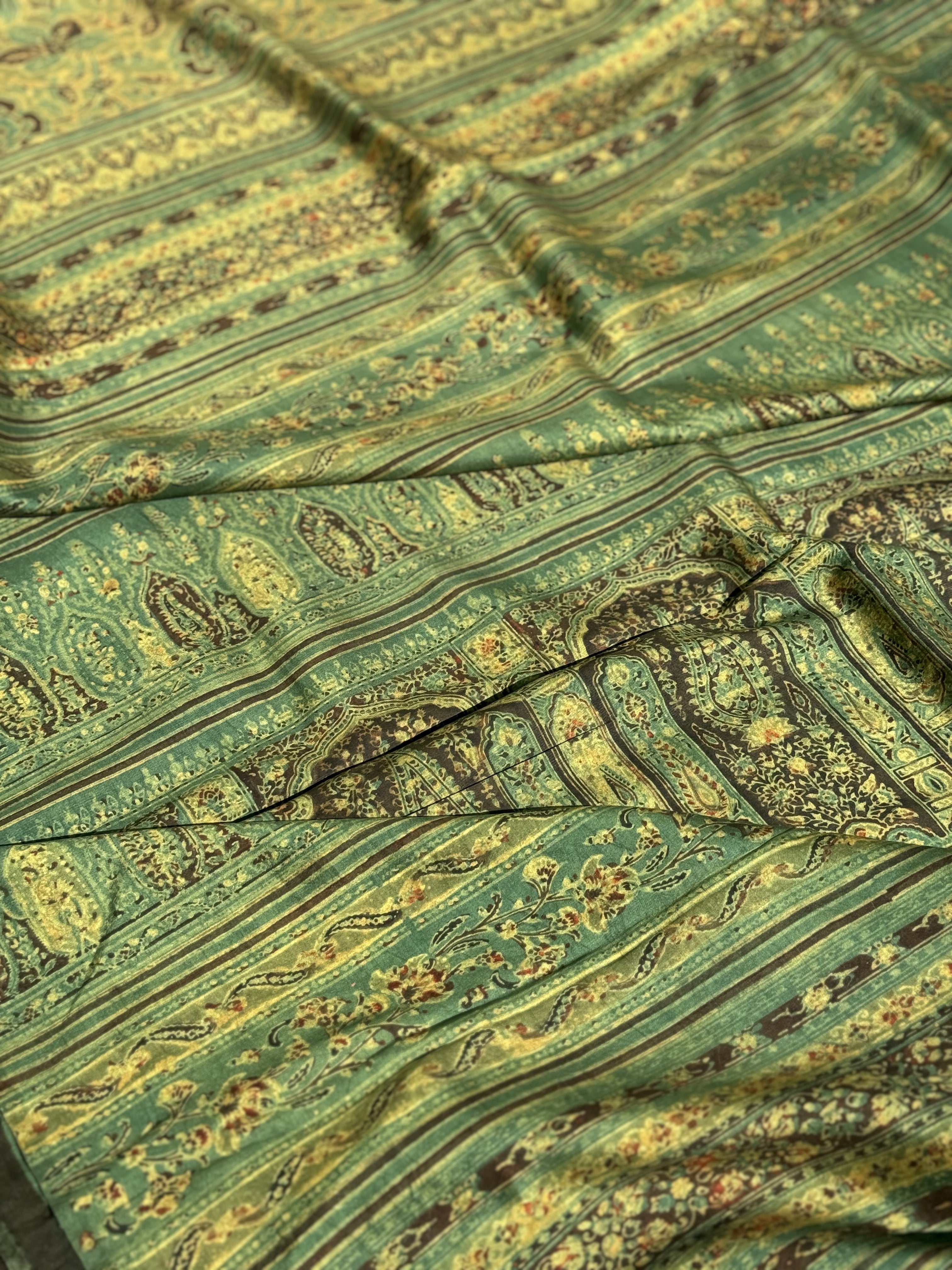 Natural Dyed Ajrakh Double Resist floral Block printed mulberry Silk Saree