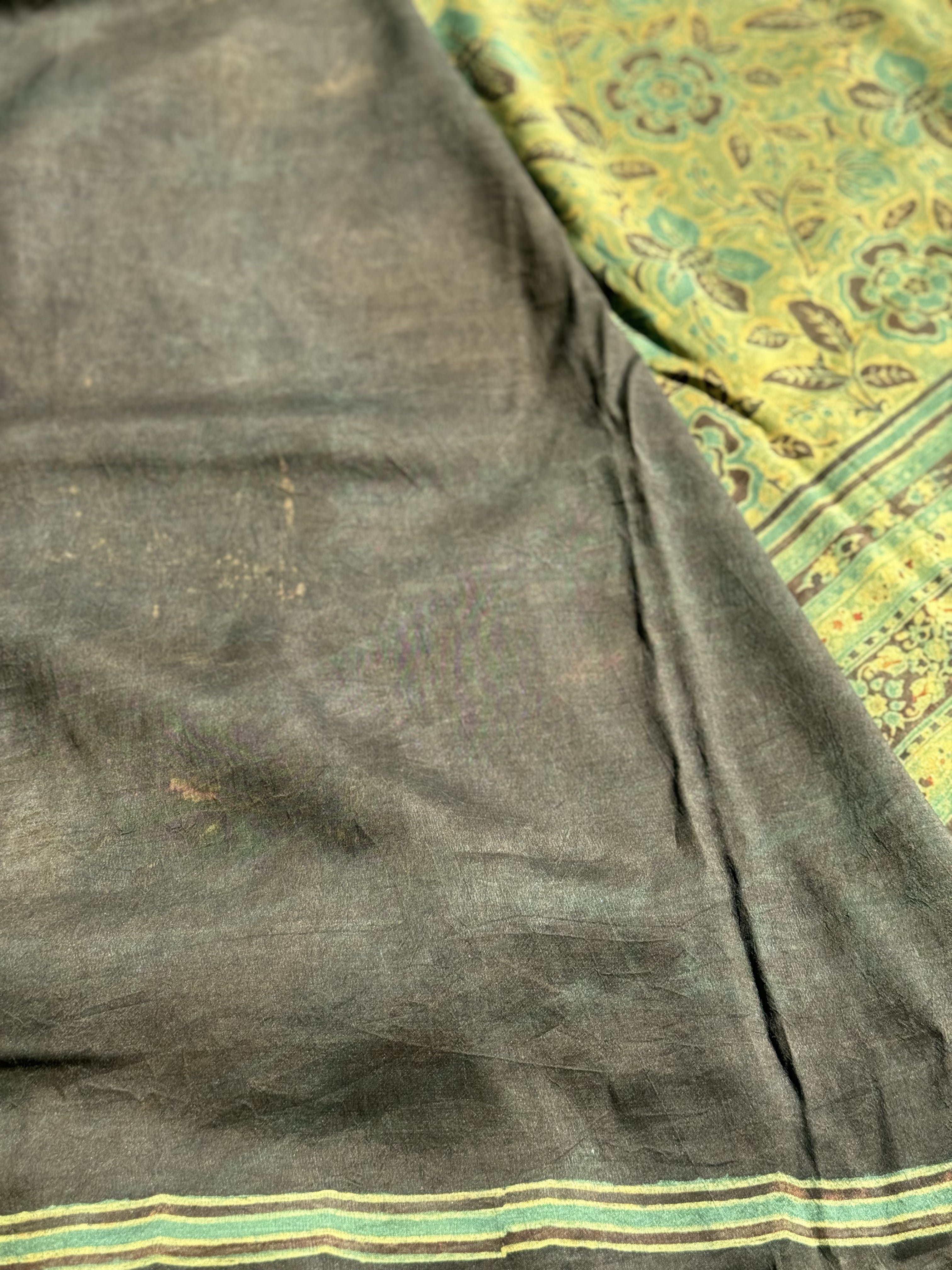 Natural Dyed Ajrakh Double Resist floral Block printed mulberry Silk Saree