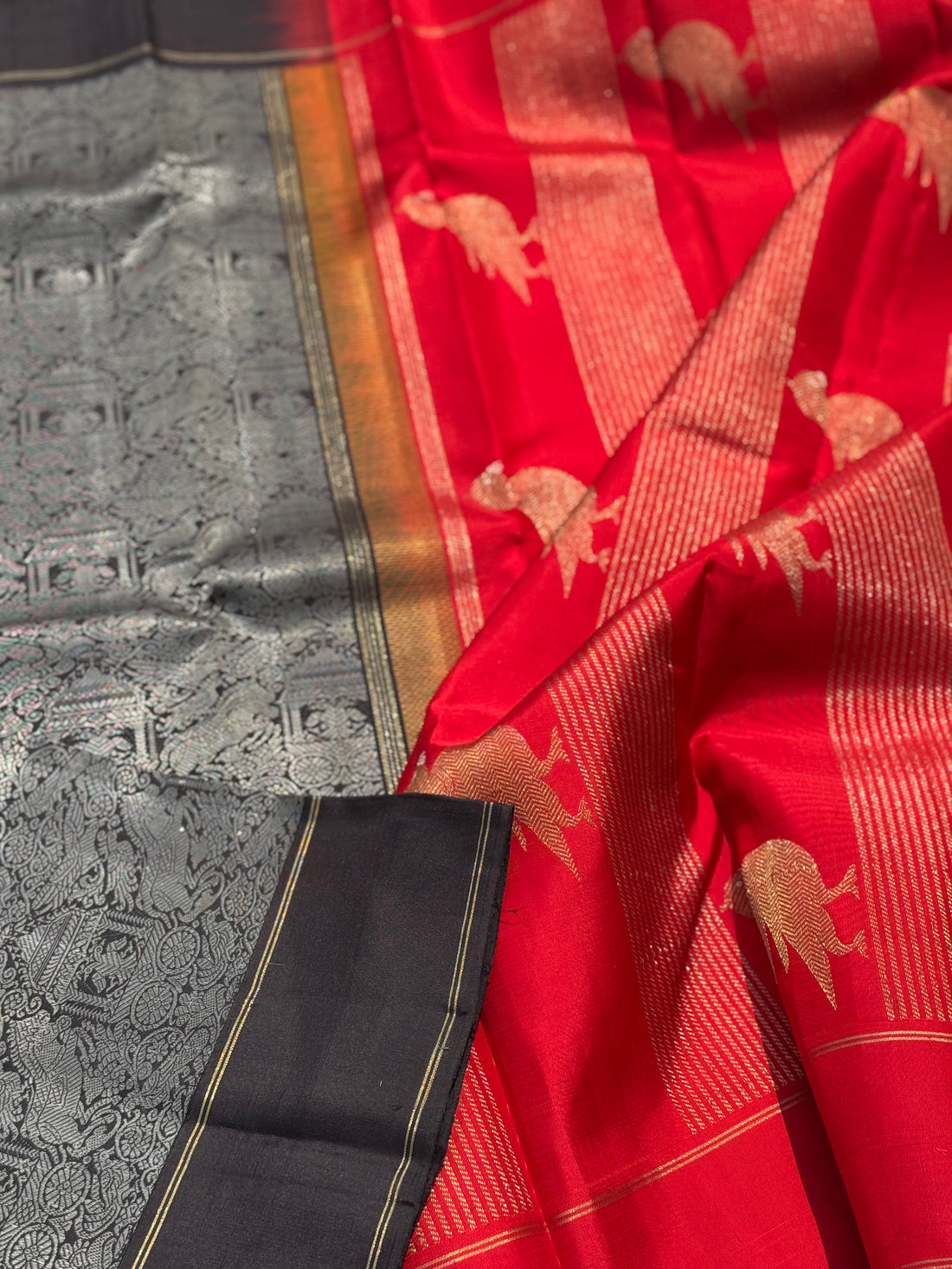 A stunner Masterpiece Garudaseva Adai kanchivaram woven silk saree in black and red
