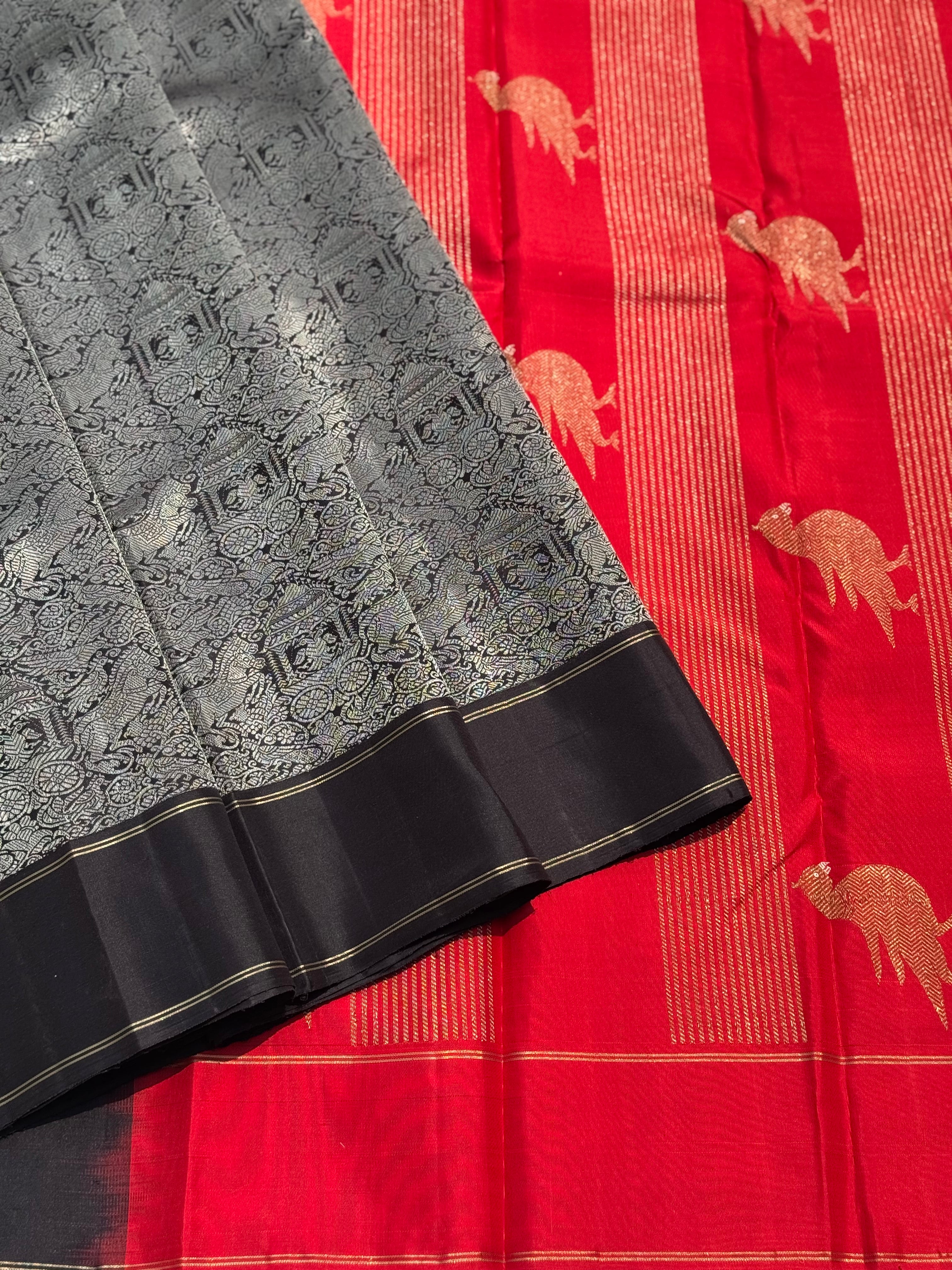 A stunner Masterpiece Garudaseva Adai kanchivaram woven silk saree in black and red