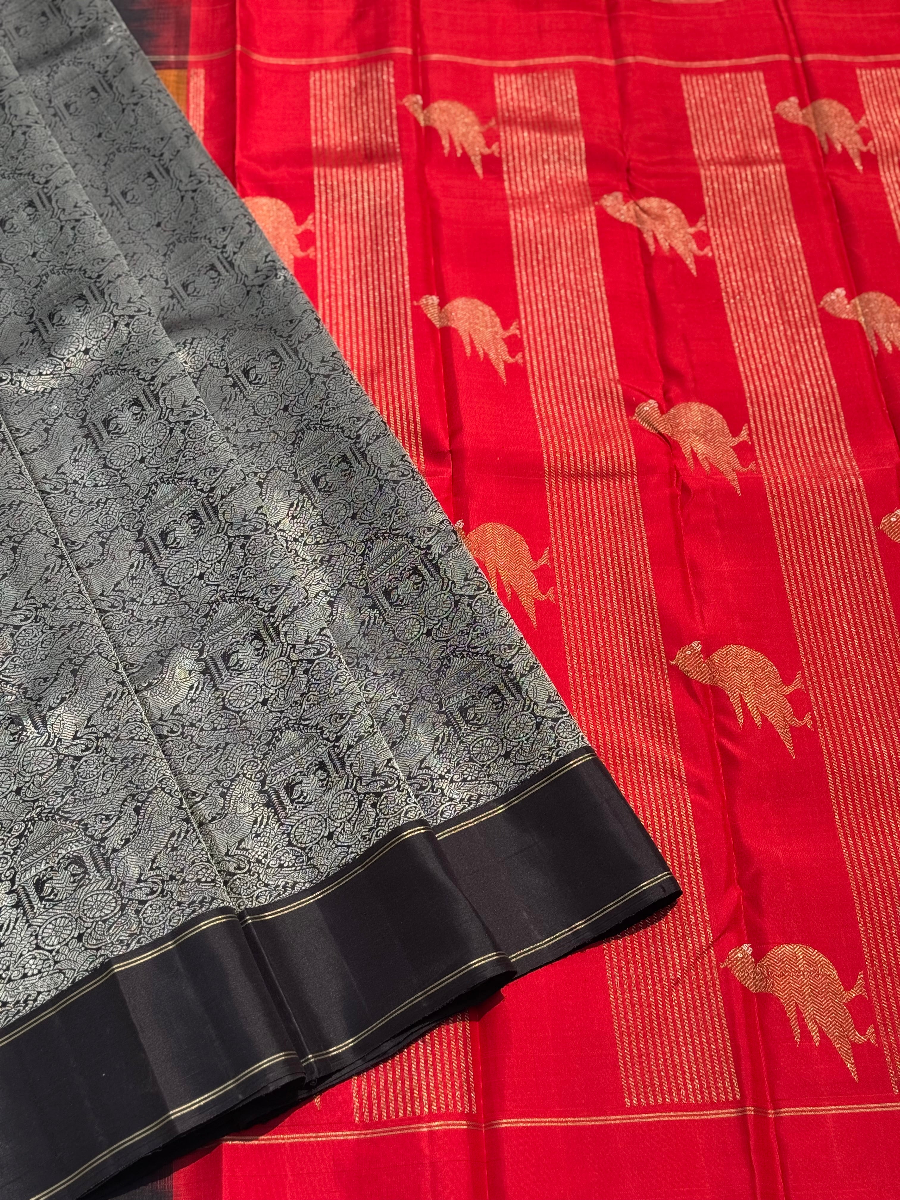A stunner Masterpiece Garudaseva Adai kanchivaram woven silk saree in black and red