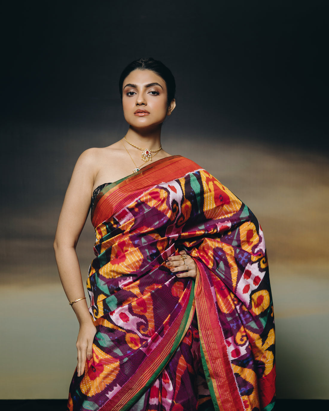 MAGIZHAM- The stupendous multicoloured ikkat in pure mulberry silk recreated from 19th century museum archive piece