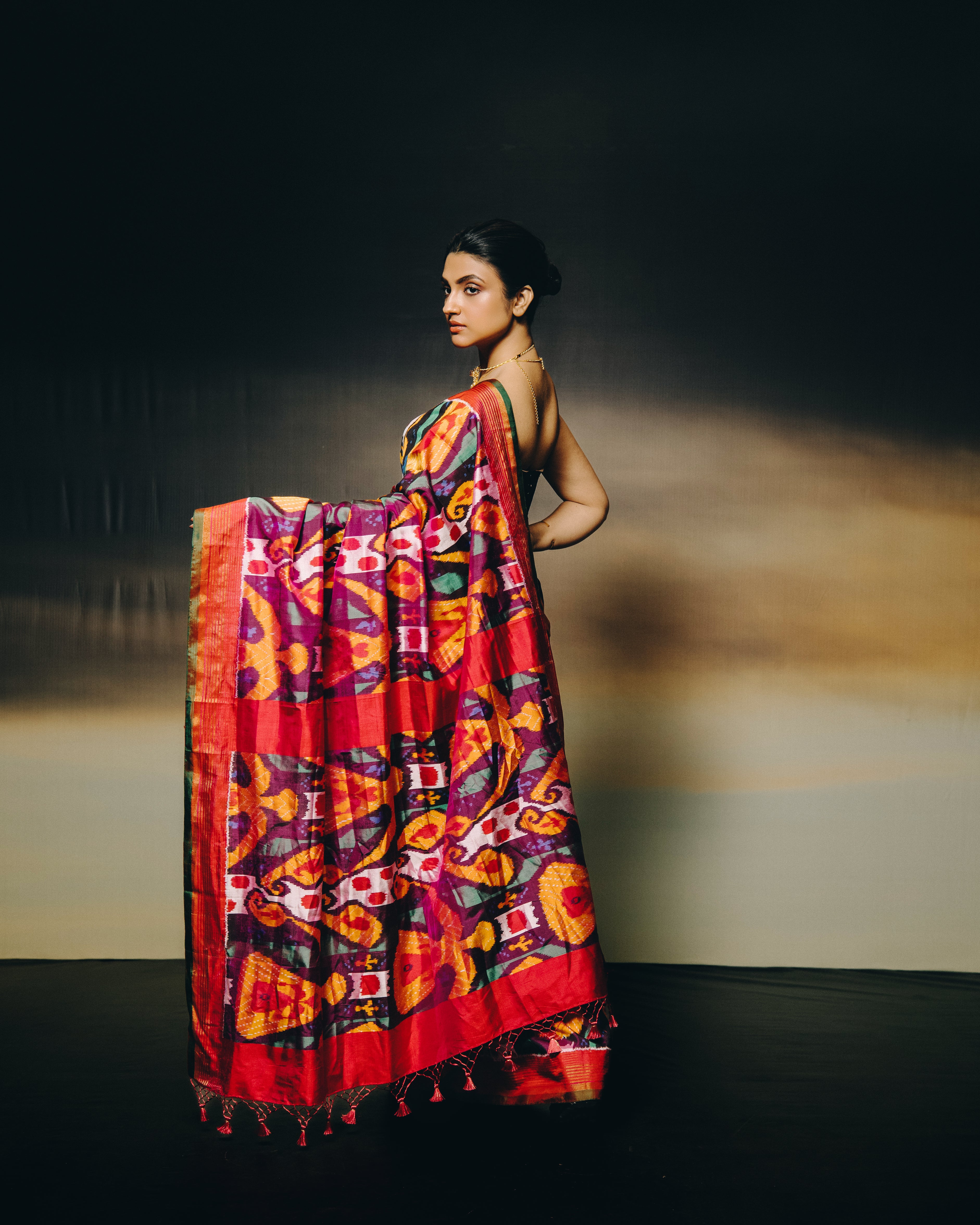 MAGIZHAM- The stupendous multicoloured ikkat in pure mulberry silk recreated from 19th century museum archive piece