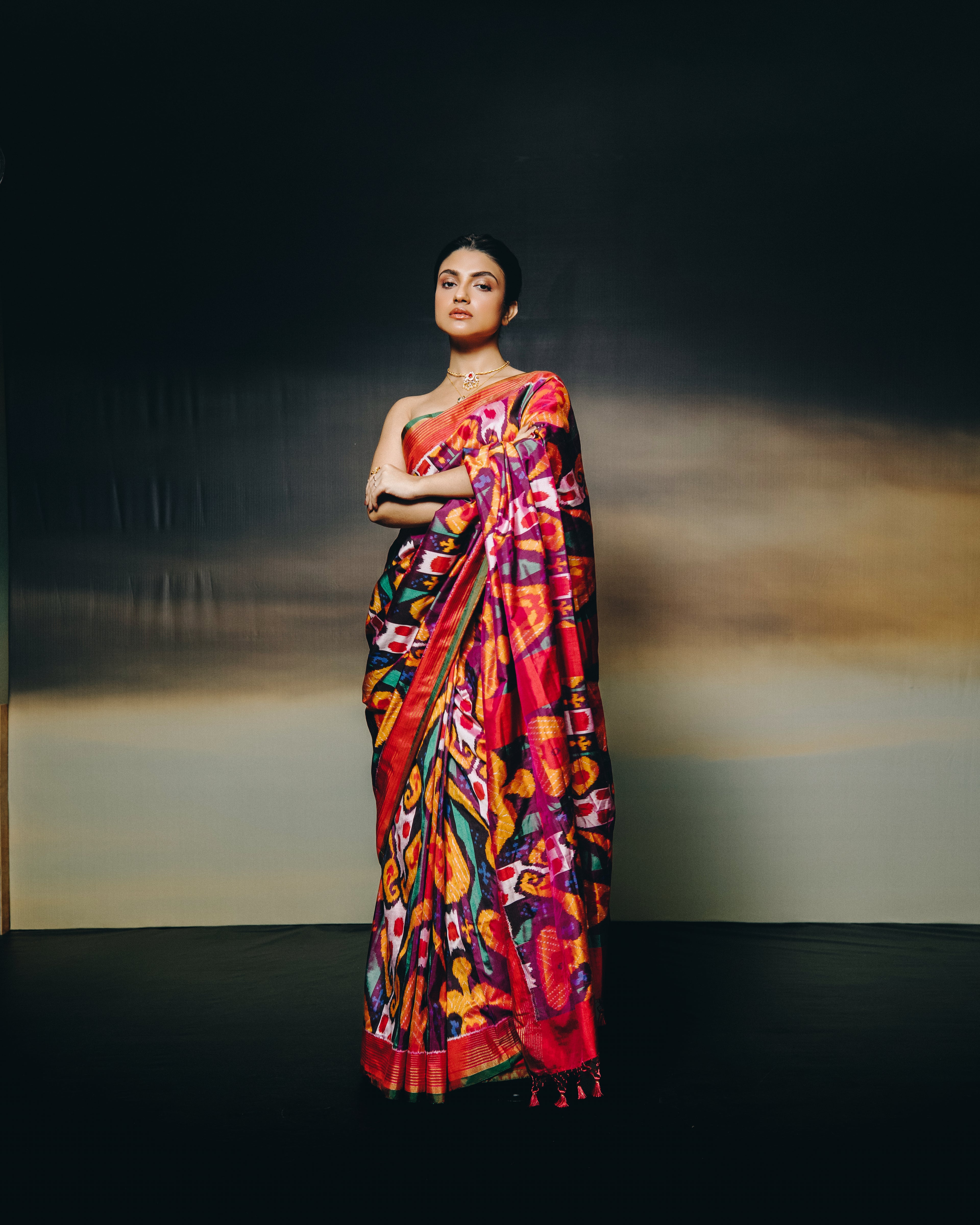 MAGIZHAM- The stupendous multicoloured ikkat in pure mulberry silk recreated from 19th century museum archive piece