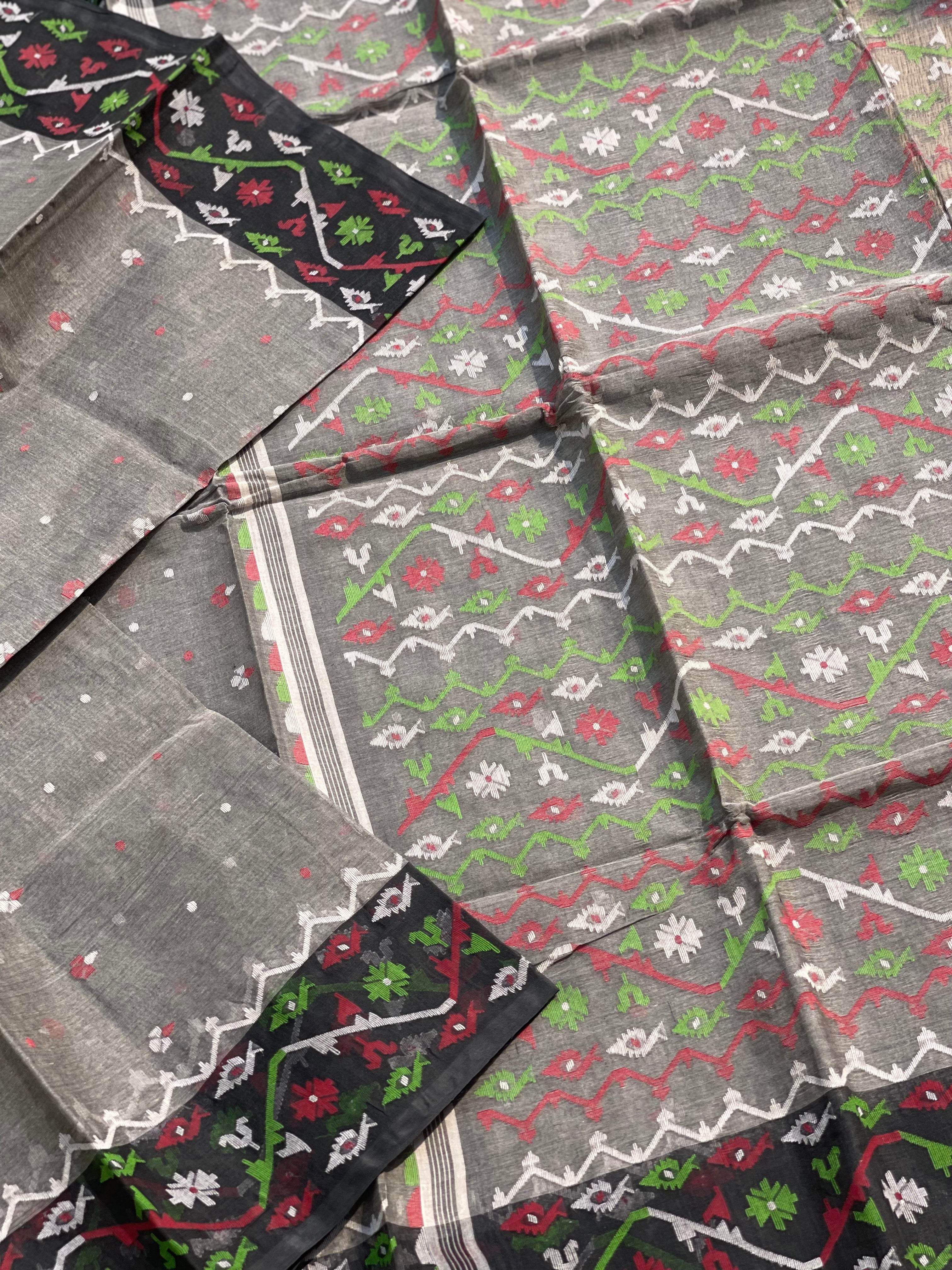 Grey with black Cotton Dhaka with needlework Jamdani weave