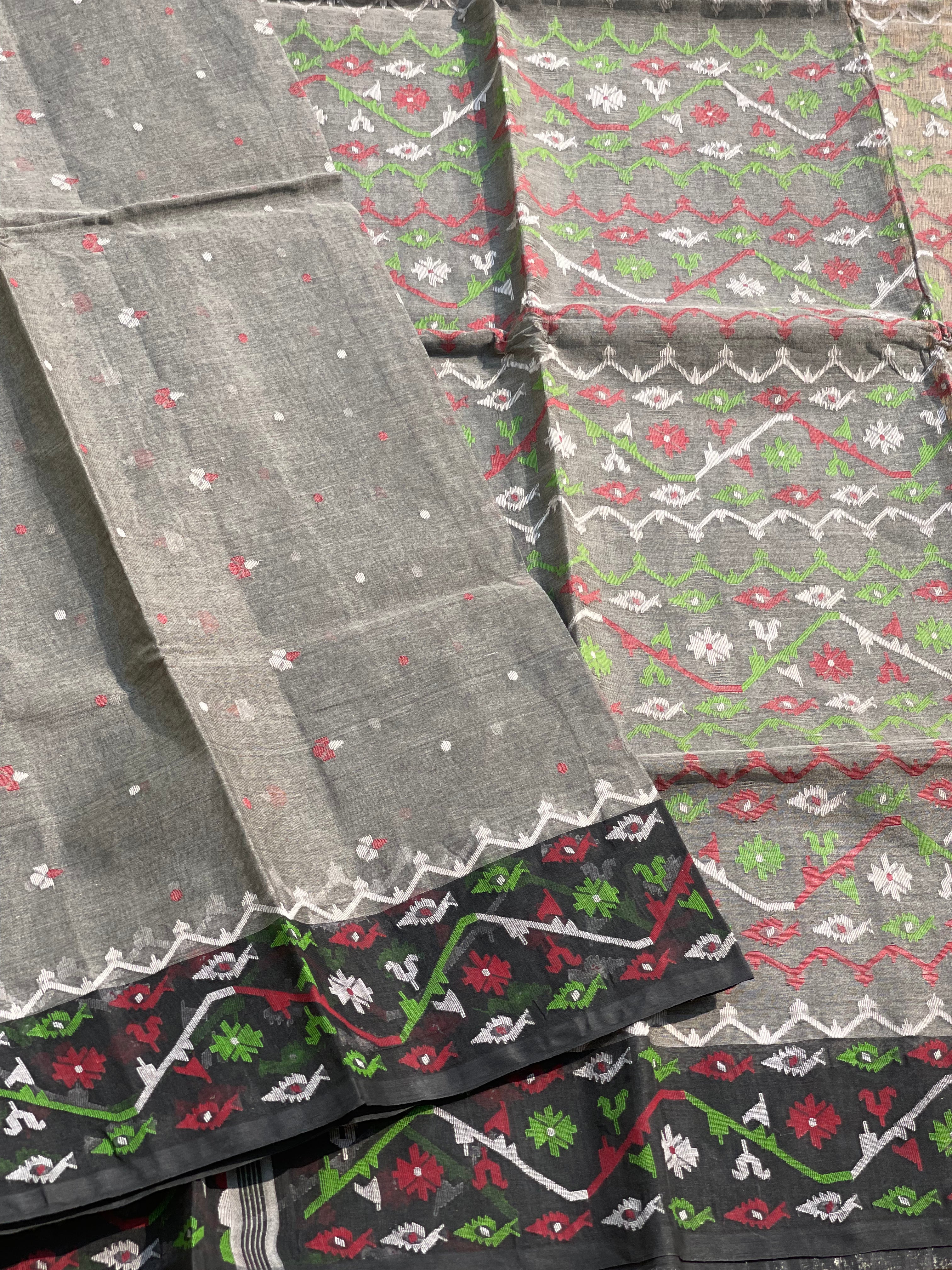Grey with black Cotton Dhaka with needlework Jamdani weave