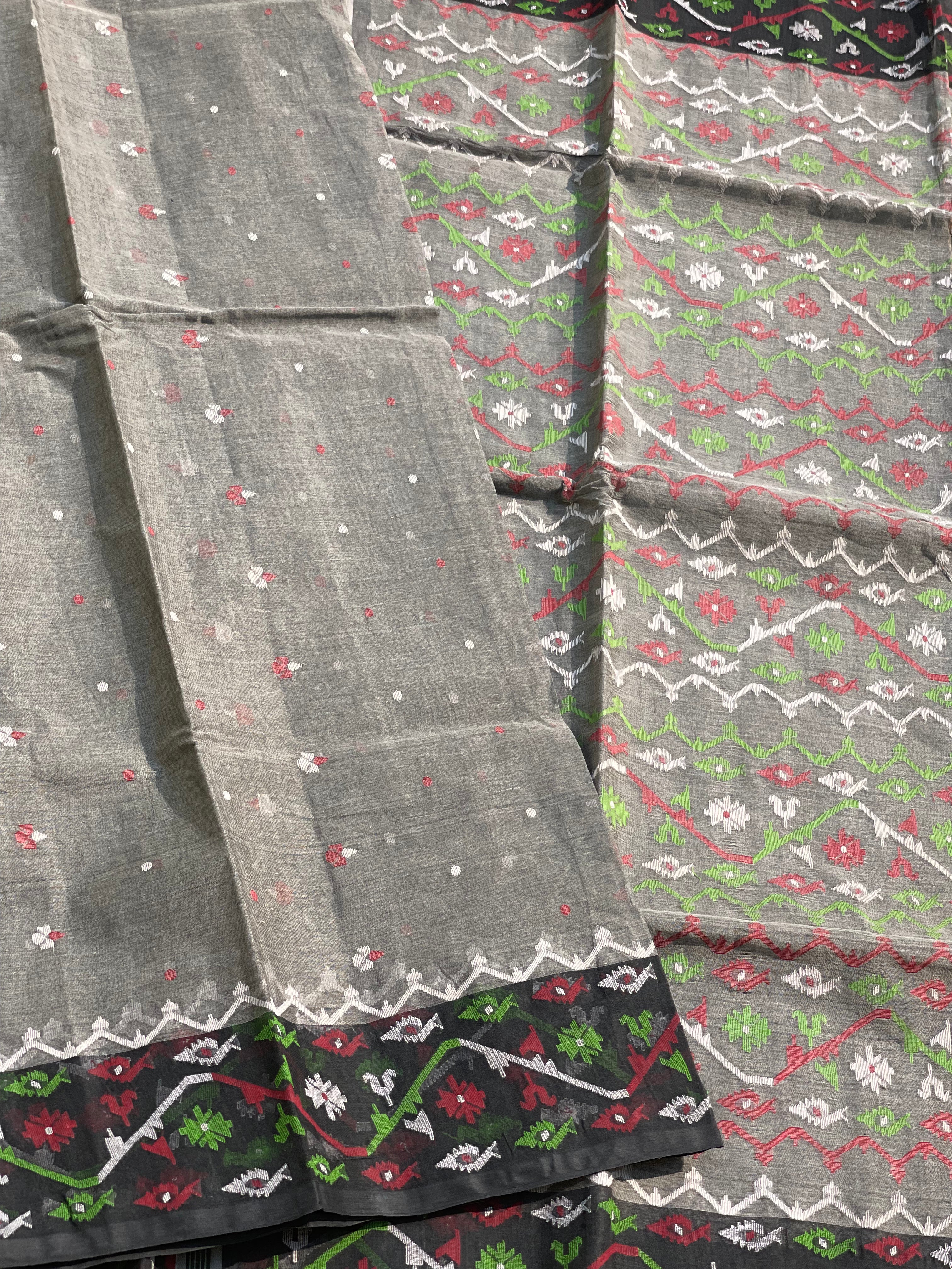 Grey with black Cotton Dhaka with needlework Jamdani weave
