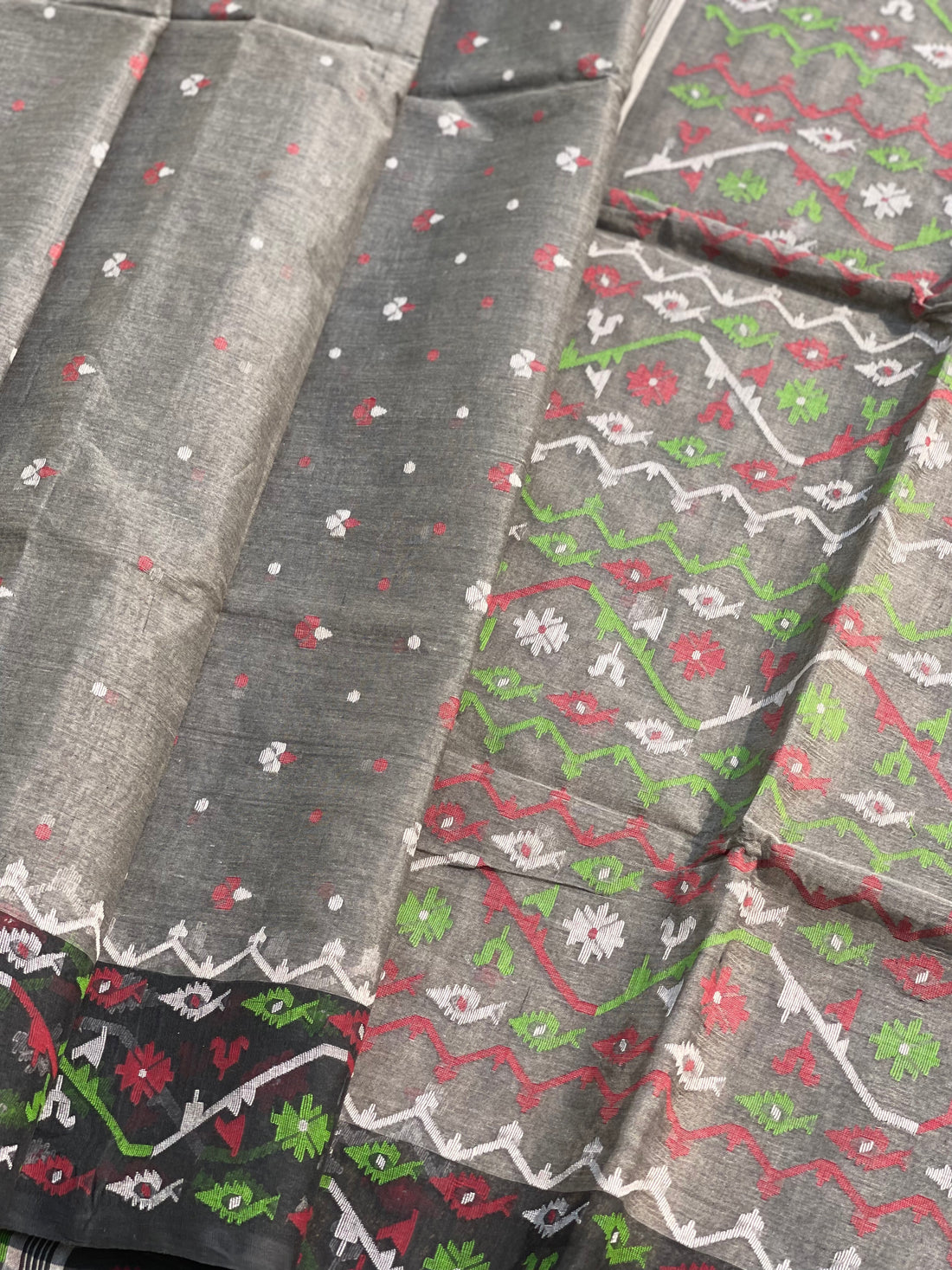 Grey with black Cotton Dhaka with needlework Jamdani weave