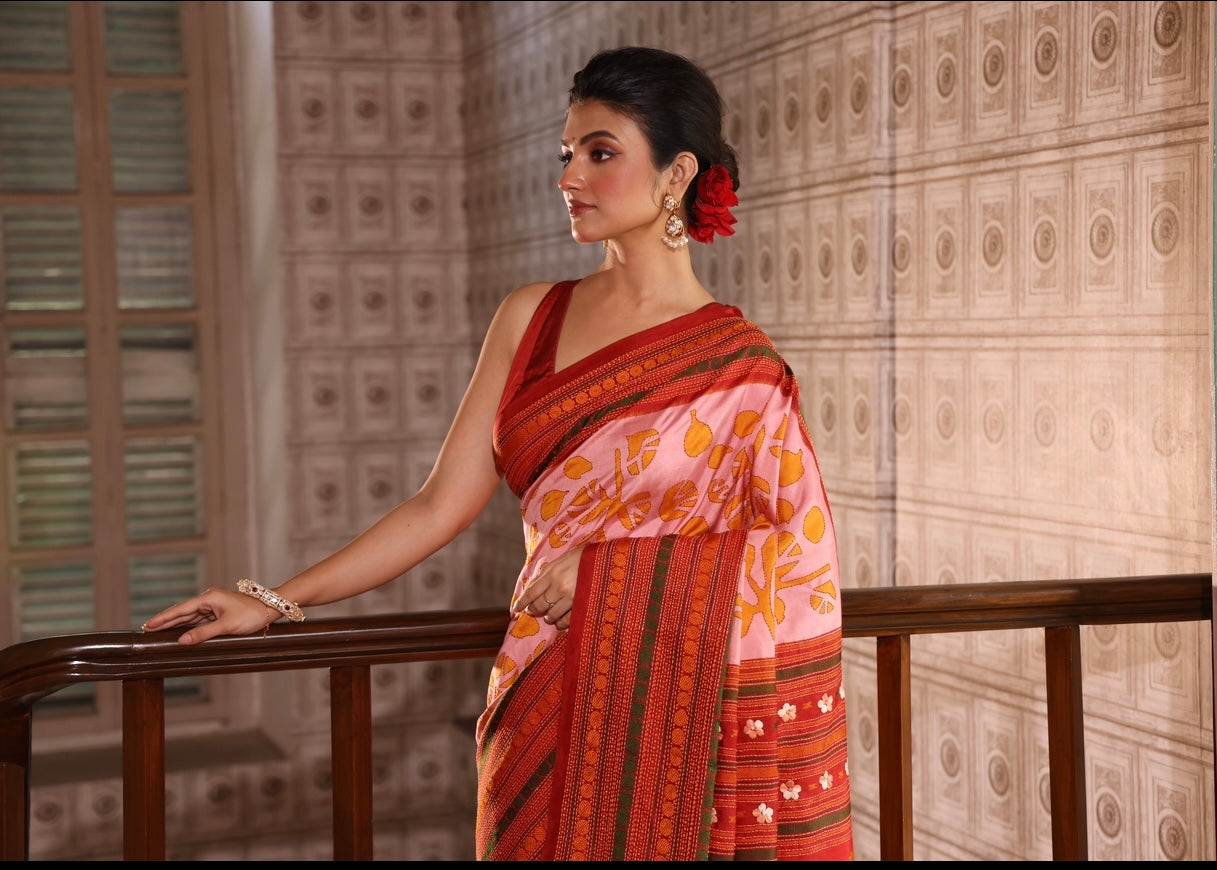 A revival kanchivaram silk saree with hand batik and Kathawork
