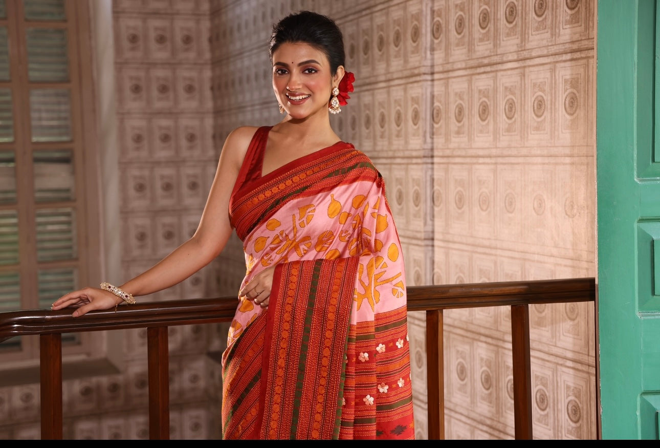 A revival kanchivaram silk saree with hand batik and Kathawork