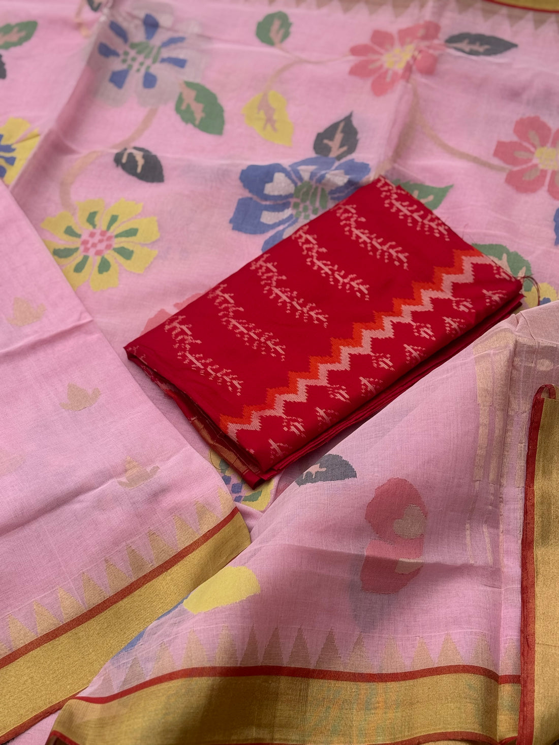 Peony pink Handspun Ponduru Khadi cotton saree pallu and blouse full jaal jamdani saree