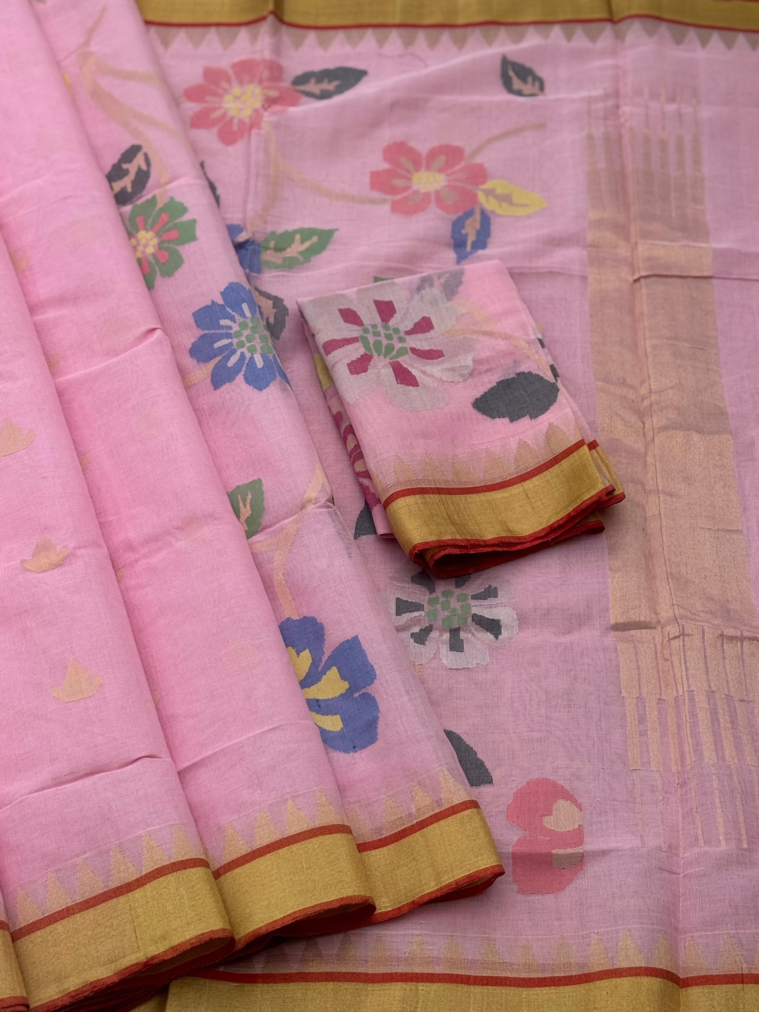 Peony pink Handspun Ponduru Khadi cotton saree pallu and blouse full jaal jamdani saree